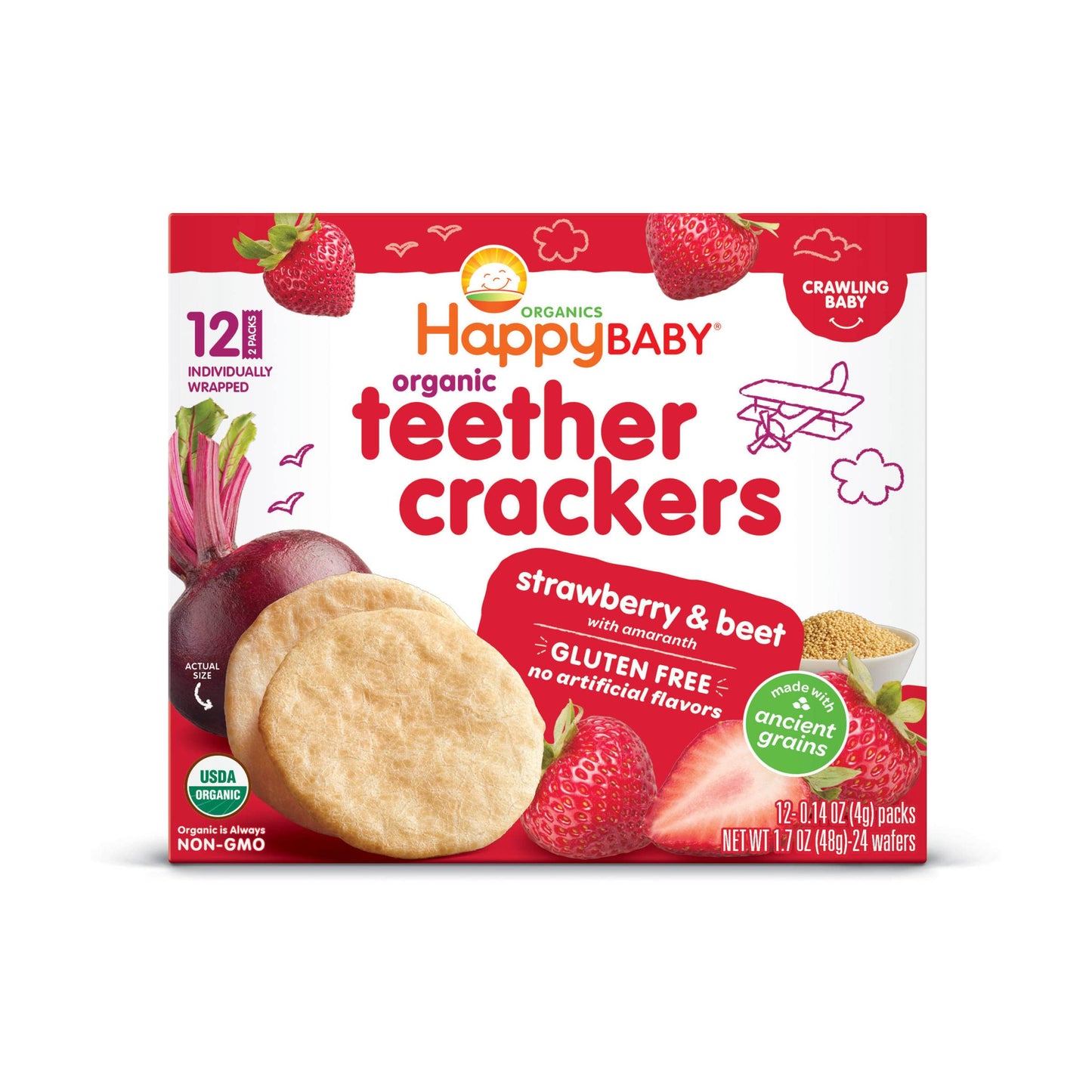 Happy Baby Organic Strawberry & Beet Teether Crackers 12 Count, 1.7 Oz