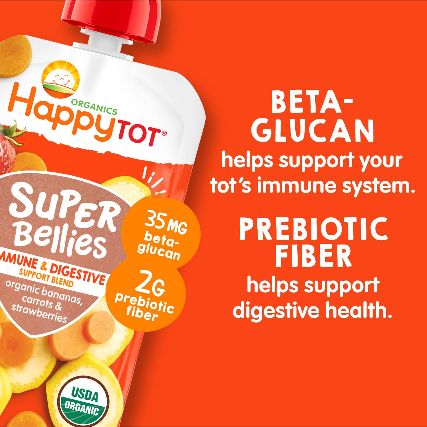 Happytot Organics Stage 4 Baby Food Pouches, Gluten Free, Vegan Snack, Super Bellies, Fruit & Veggie Puree, Banana, Carrot & Strawberry 4 Ounce (Pack Of 16)