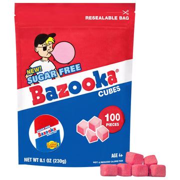 New Bazooka Sugar-Free Bubble Gum Cubes Bag - 100 Count Original Flavor, Resealable Stand-Up Pouch, Bulk Gum Perfect for Sharing