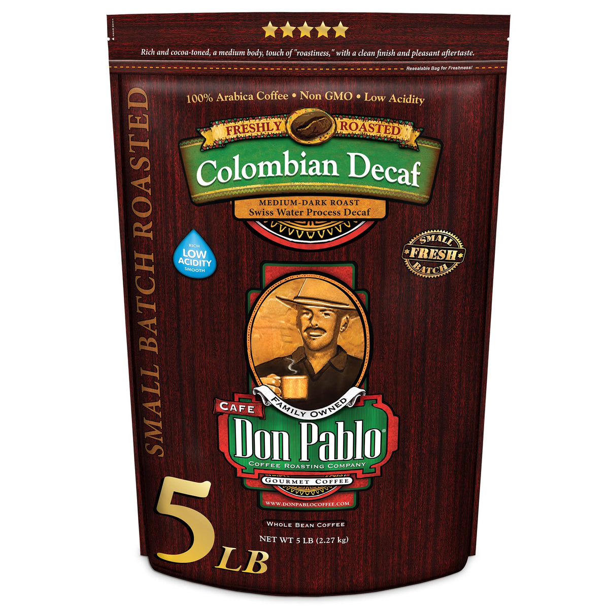 5Lb Don Pablo Colombian Decaf - Swiss Water Process Decaffeinated - Medium-Dark Roast - Whole Bean Coffee - Low Acidity - 5 Poun