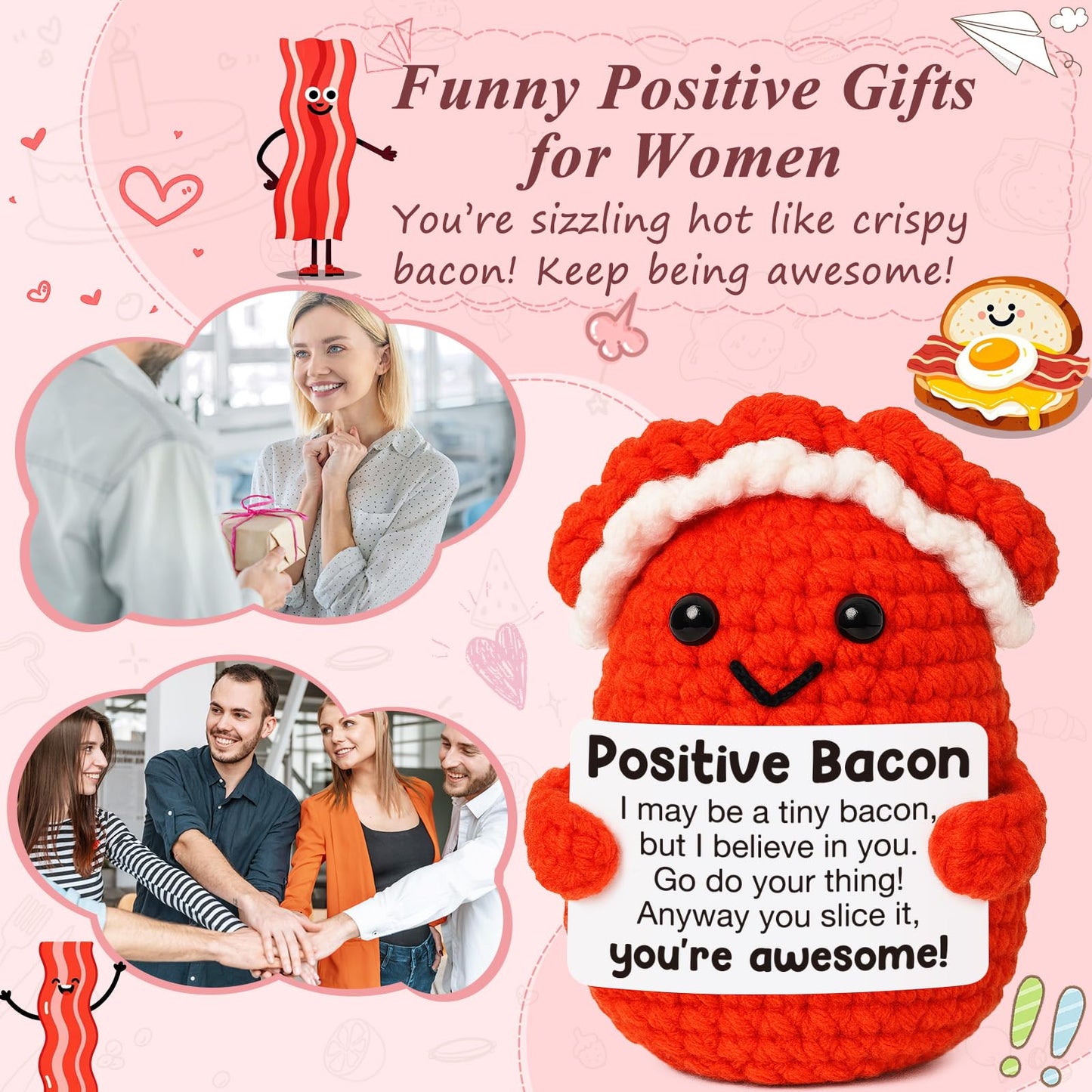Mini Inspirational Positive Bacon Handmade Crochet Bacon For Women Foodies Breakfast Lovers Fun Encouragement Gift For Friends Coworkers Small White Elephant Christmas Birthday Gifts Motivation Decor