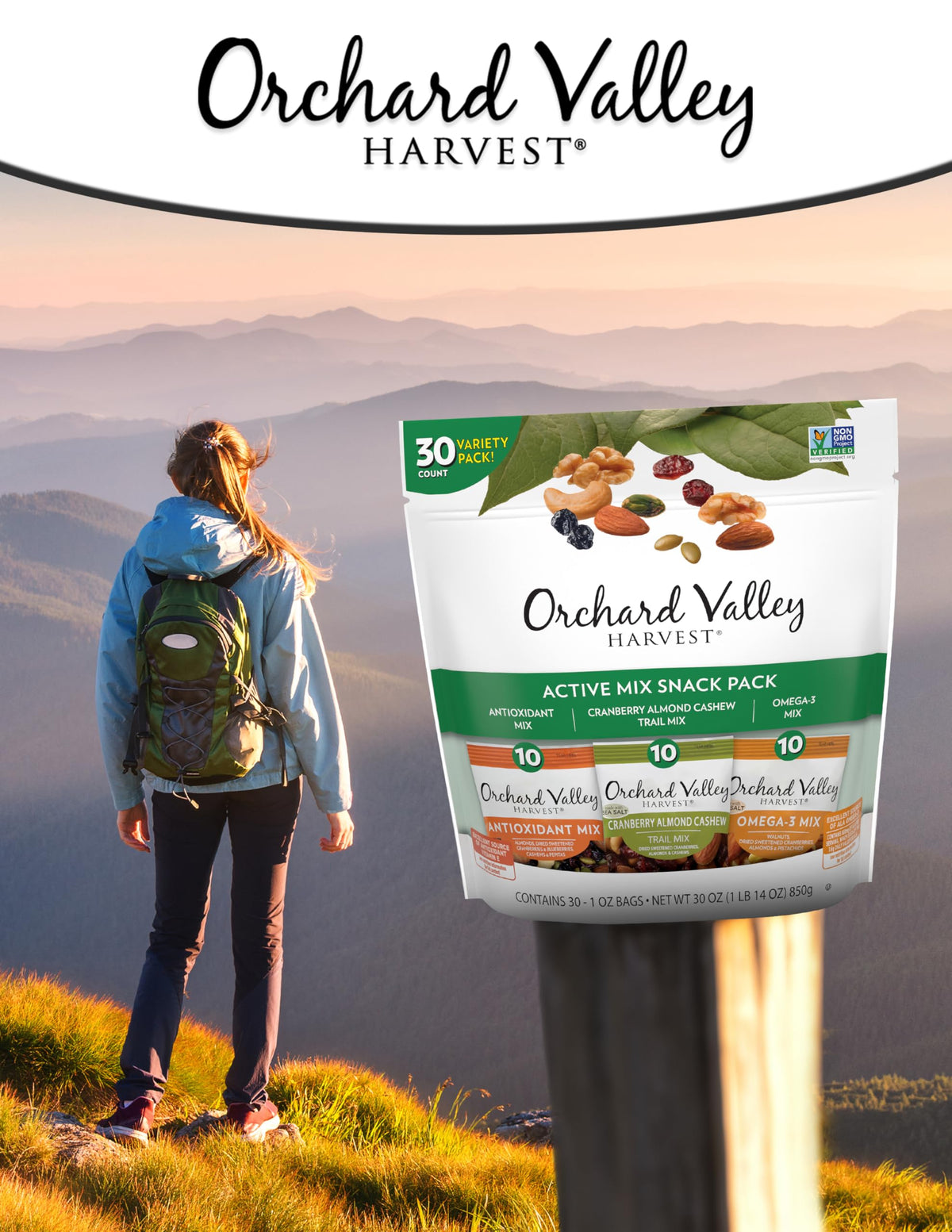 Orchard Valley Harvest Active Snack Pack Mix, 1Oz Bags (Variety Pack Of 30), Antioxidant Mix, Cranberry Almond Cashew, Omega-3 T