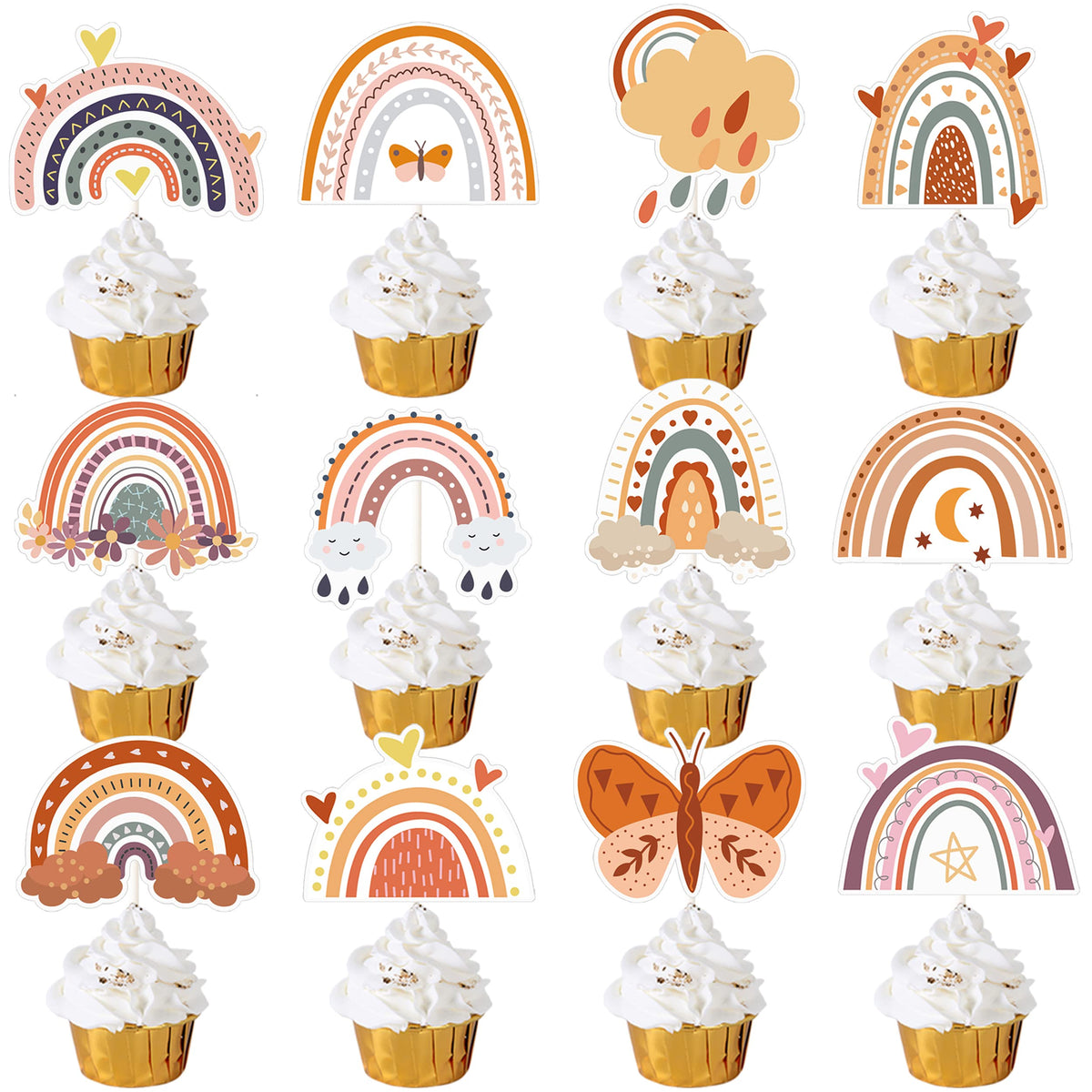 24Pc Boho Rainbow Cupcake Toppers For Boho Rainbow Party & Baby Showers