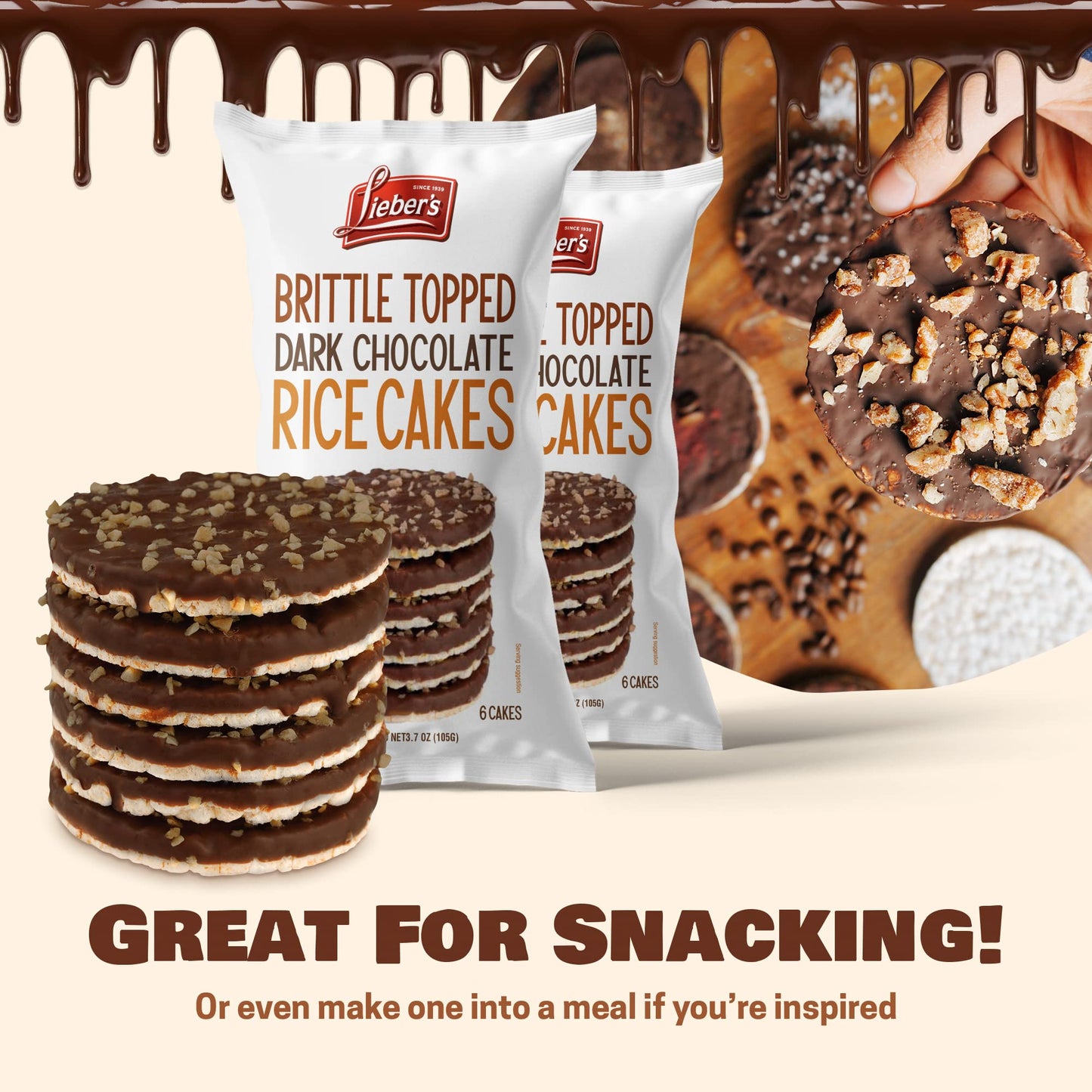 Liebers Thin Chocolate Rice Cakes, Kosher Certified Dairy And Dairy Free Options, Gluten Free Snack (Brittle Topped Dark Chocola
