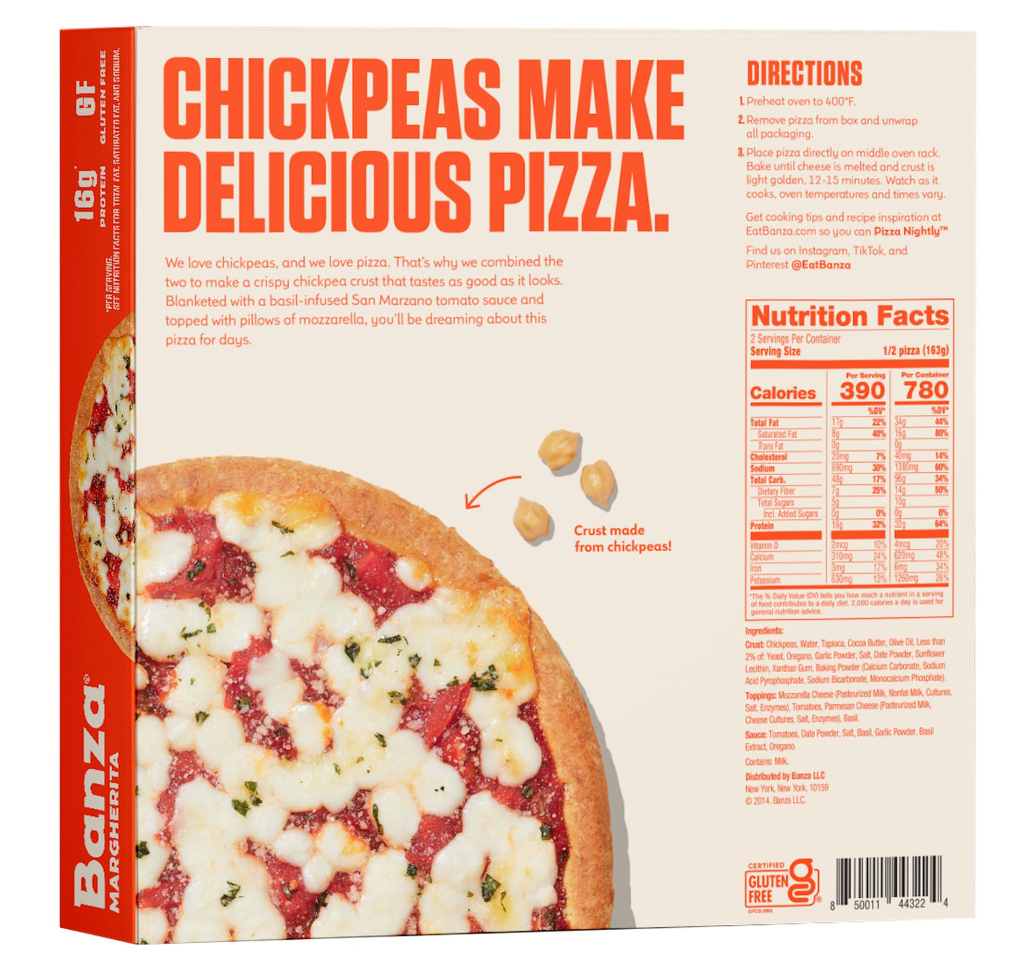 Banza Margherita Frozen Pizza from Chickpeas - High Protein, Gluten Free, 10.9oz