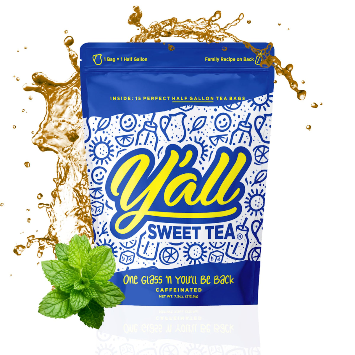 Yall Sweet Tea Pack of 15 Caffeinated Tea Bags for Half Gallon Size