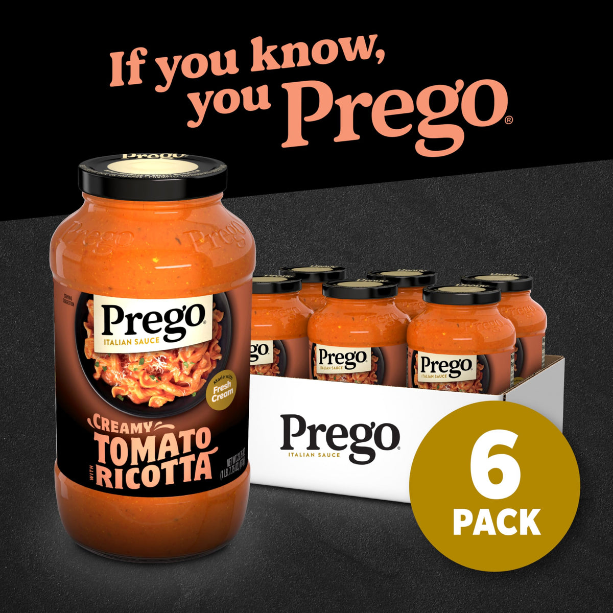 Prego Creamy Tomato Pasta Sauce With Ricotta Cheese, 23.75 oz Jar (6 Pack)
