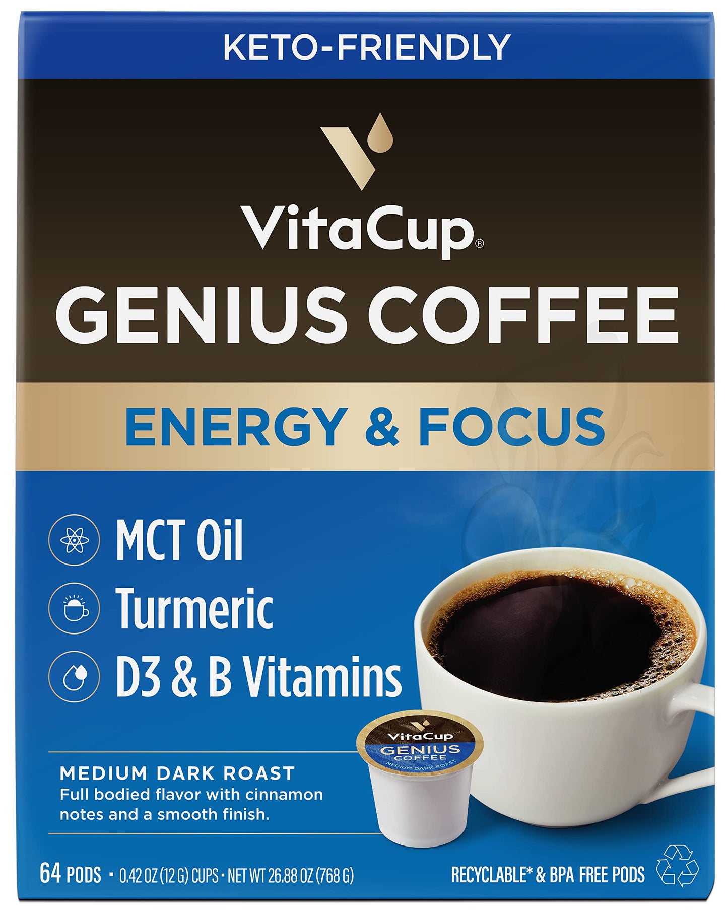Vitacup Organic Genius Keto Coffee Pods, Increase Energy & Focus W/Mct Oil, Turmeric, B Vitamins, D3, Medium Dark Roast, Bold, Smooth, Single Serve Pod Compatible W/Keurig K-Cup Malt-Inspired,64 Ct