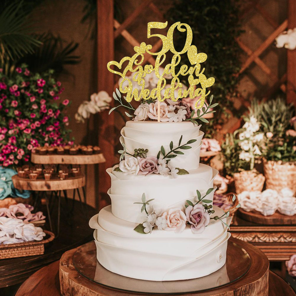 1 Pcs 50Th Wedding Anniversary Cake Topper Gold Glitter Heart 50 Golden Wedding Cake Pick Decoration For Cheers To 50 Years Happ