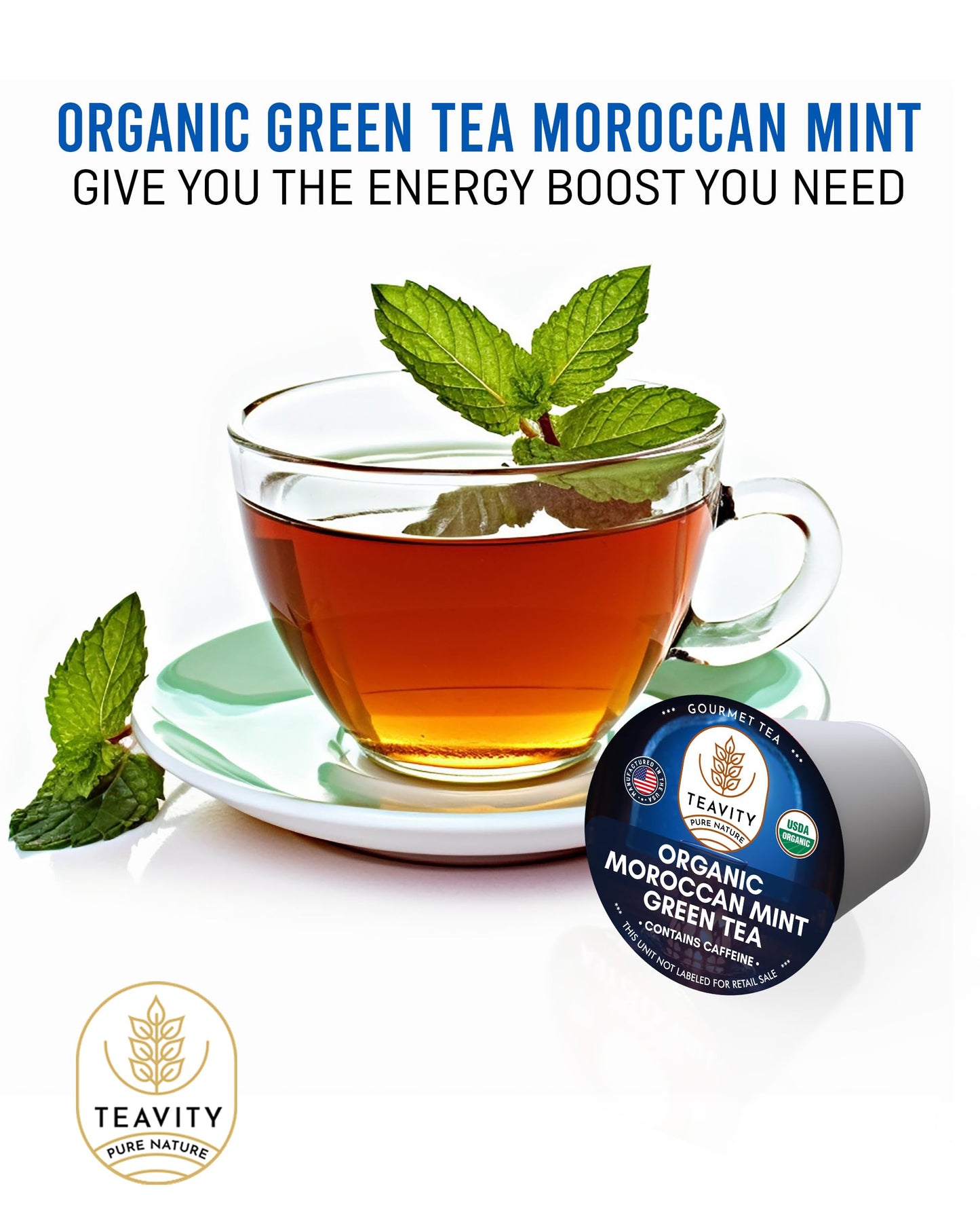 Organic Moroccan Mint Tea And Green Tea Pods For Keurig - Caffeinated Unsweet Tea For K Cup Brewing By Teavity (12 Tea Pods)