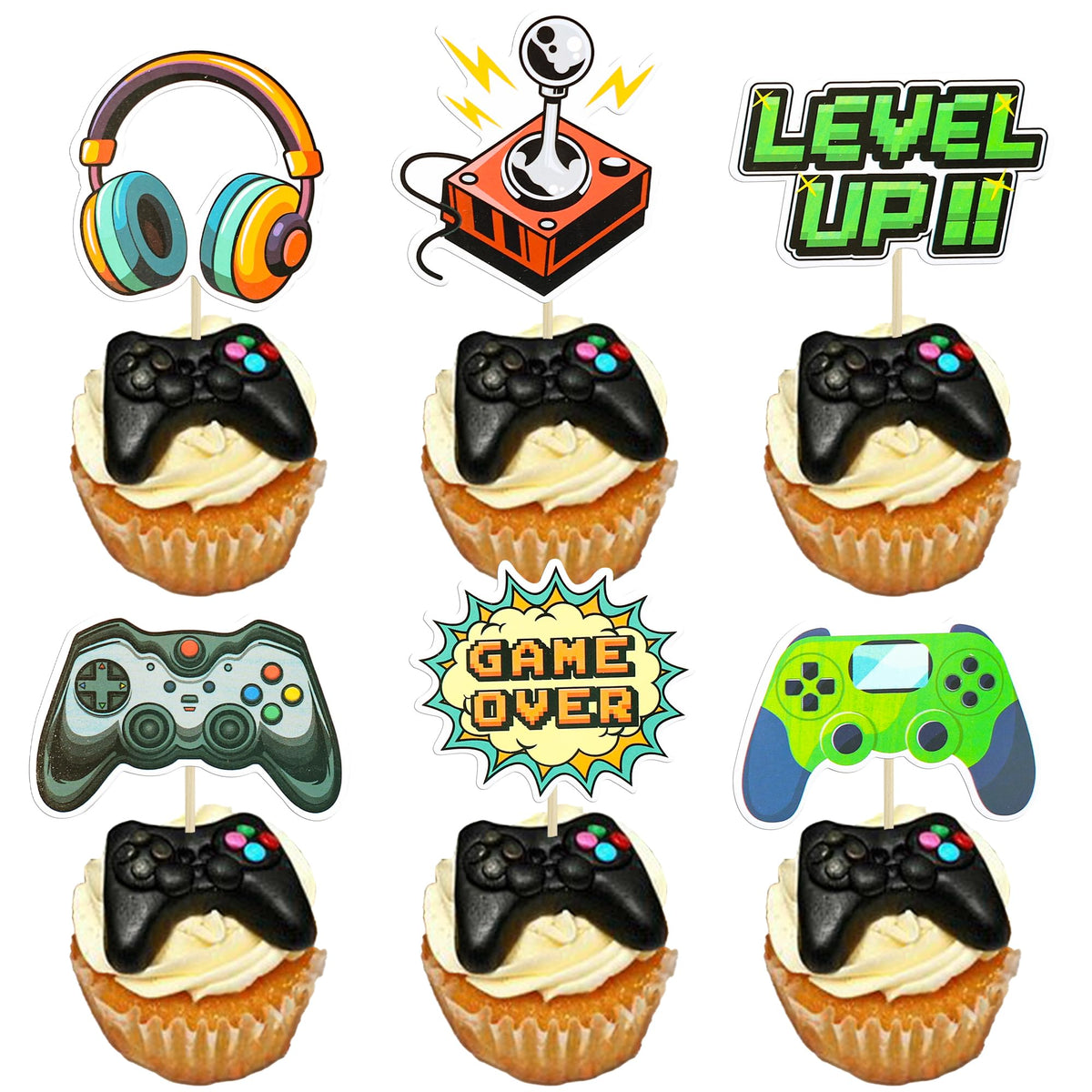 Ephlyn 36Pcs Video Game Cupcake Toppers Assembled Game On Controllers Cupcake Picks Gamepad Cake Decorations For Game Theme Baby