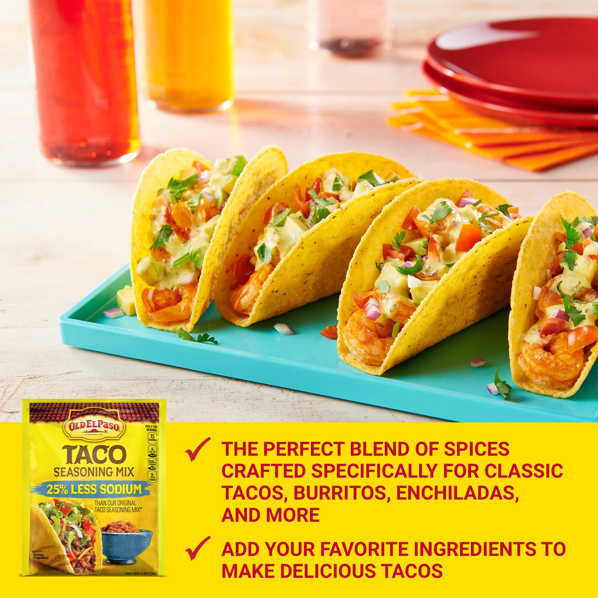 Old El Paso Taco Seasoning, 25% Less Sodium, 1 oz., Pack of 32
