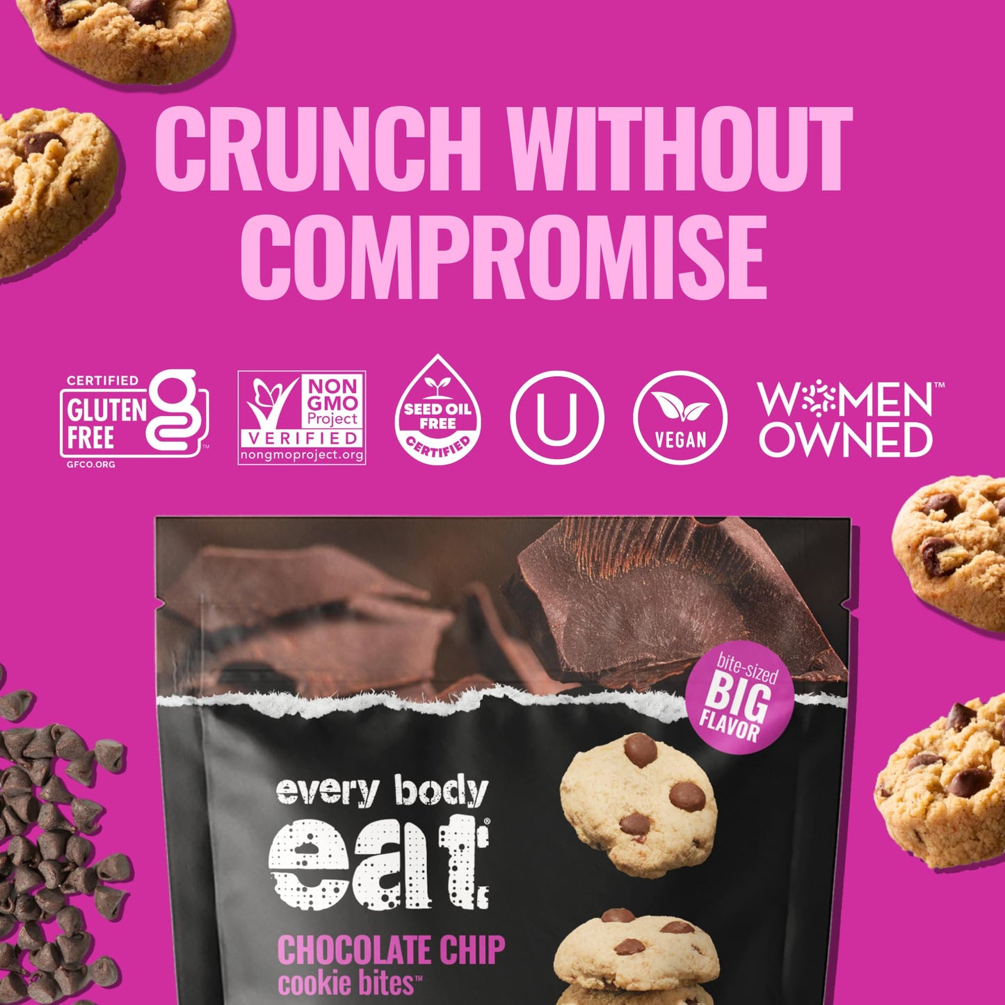 Every Body Eat Crunchy Cookie Bites, Gluten & Dairy Free, Vegan, School Lunch Snacks, (5.5 Ounce (Pack Of 3), Chocolate Chip)