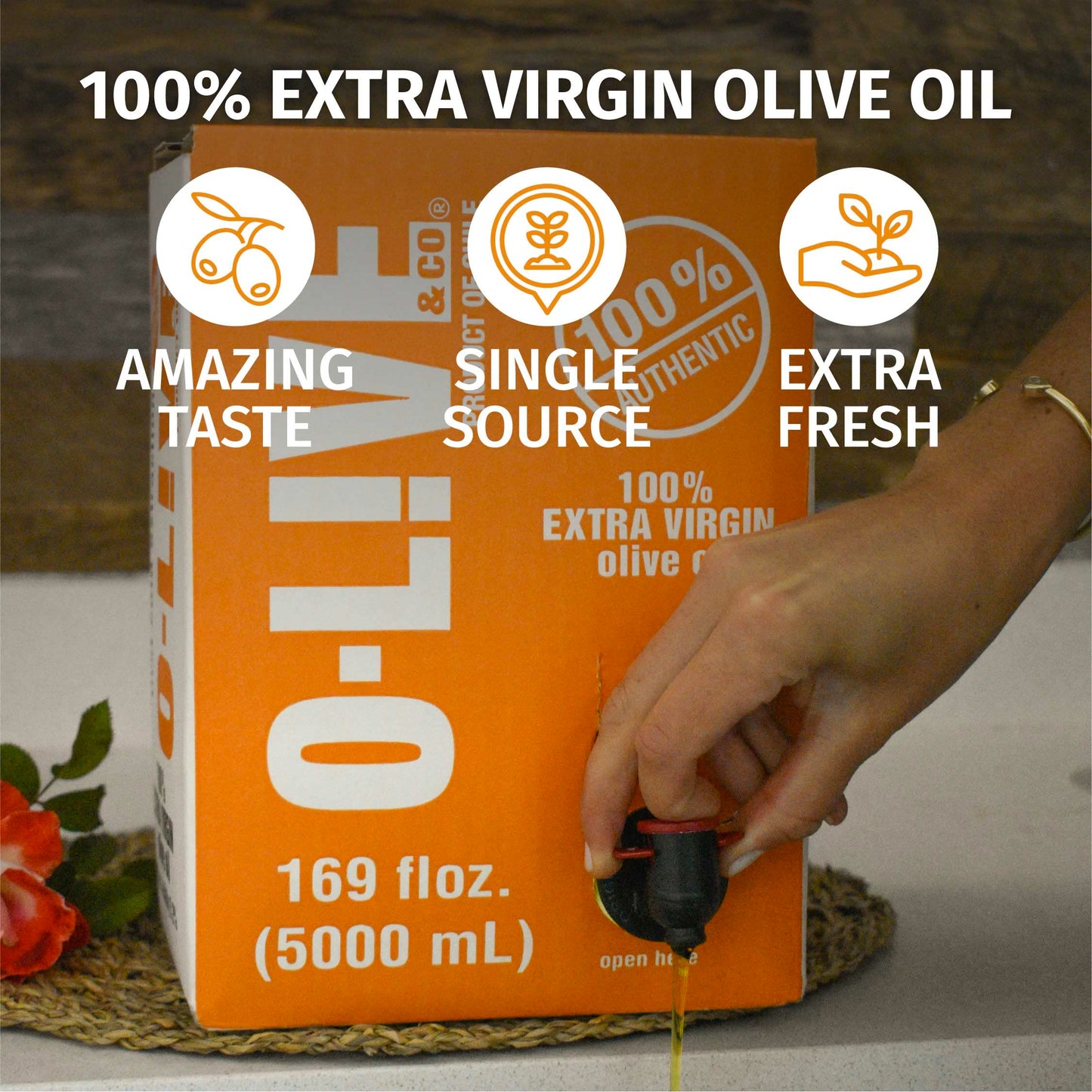 O-Live & Co. 100% Extra Virgin Olive Oil, First Cold Pressed, 169 Fl Oz Eco-friendly Packaging