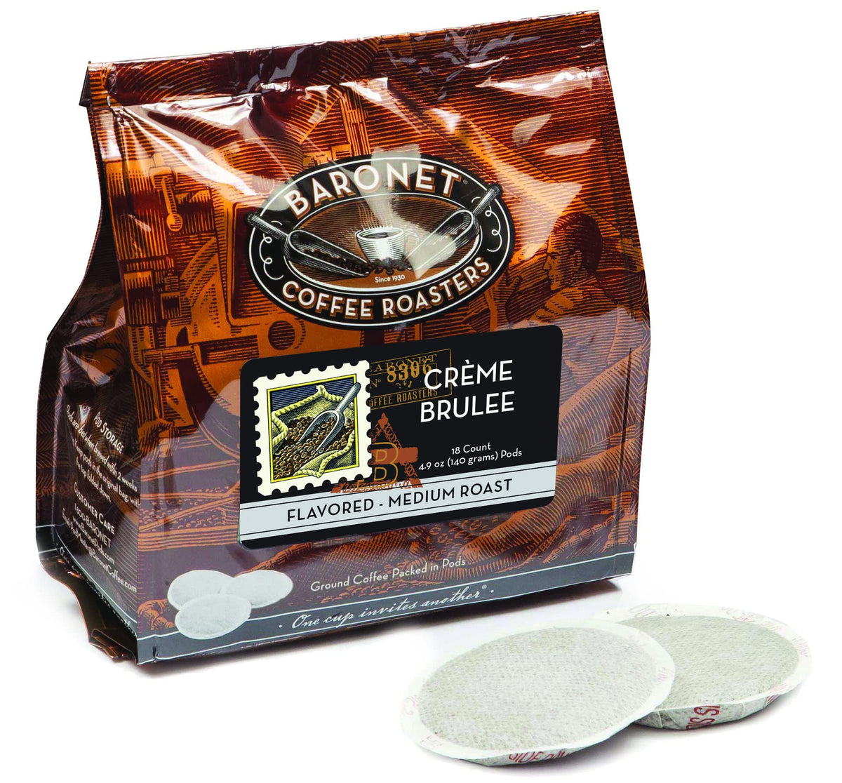 Baronet Coffee Crème Brulee Coffee Pods - Medium Roast - 18 Count - Single Serve - 8 Grams - Bulk Pack