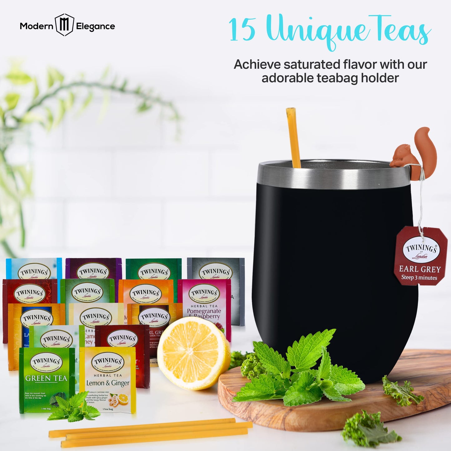 Tea Gift Set For Women And Men – Elegant Tea Sets For Women Gift With 15 Unique Teas, Stainless Steel Tumbler & 10 Honey Straws In Enhanced Box (Black)