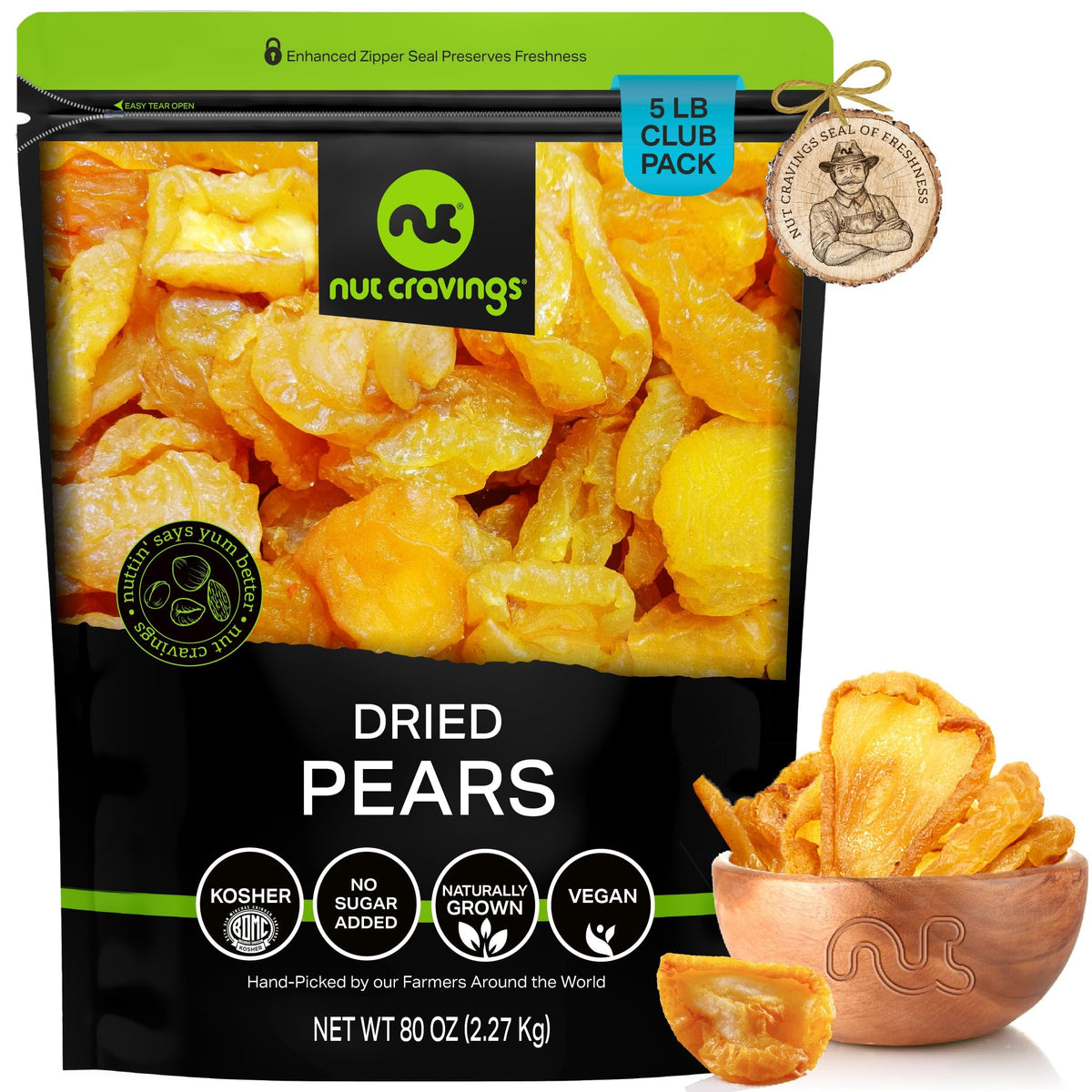 Nut Cravings - Sun Dried California Pears  No Sugar Added  Unsweetened (80Oz  5 Lb  Bulk) Bulk Dry Fruits Packed Fresh In Resealable Bag - Sweet Healthy Snack  Naturally Grown  Vegan  Kosher
