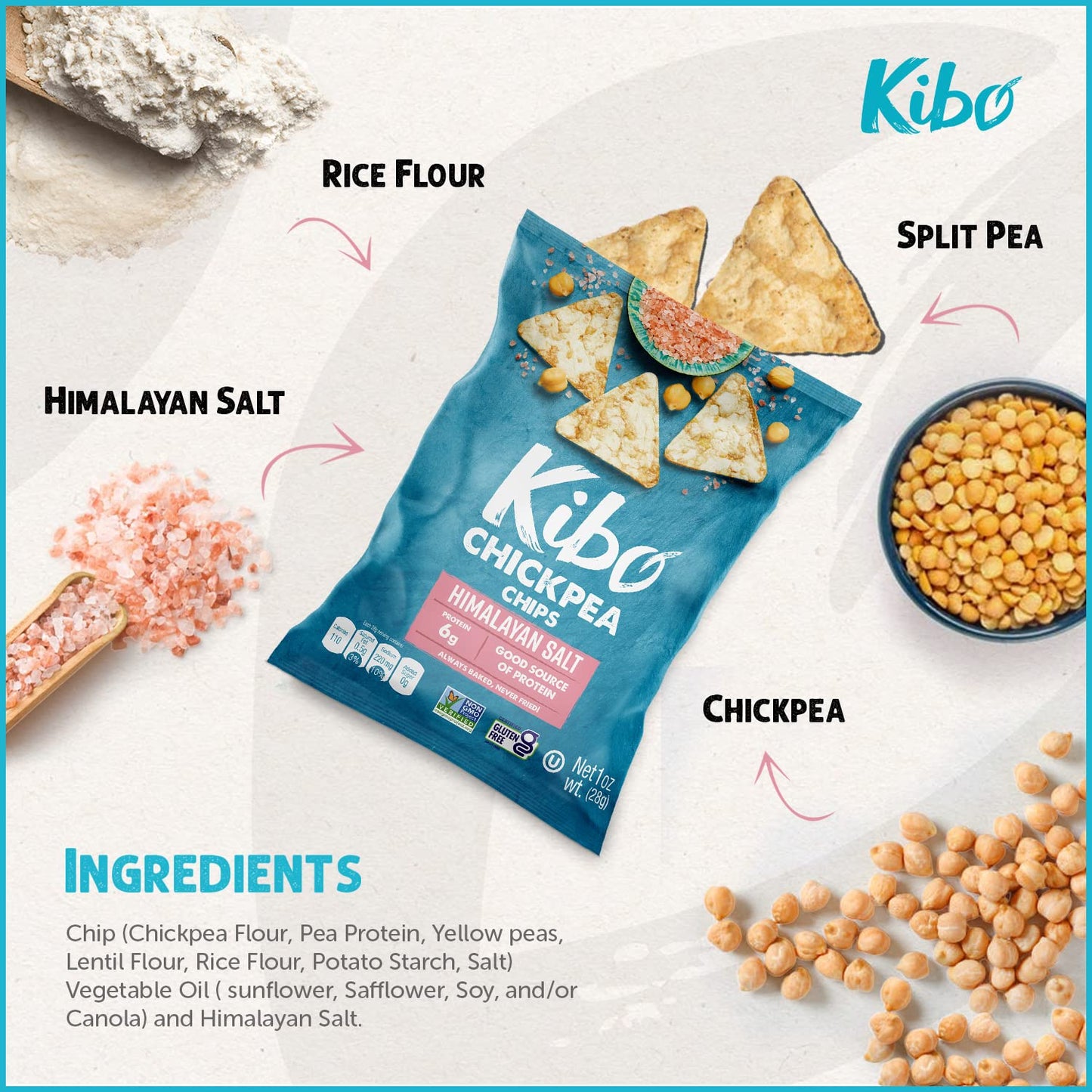Kibo Chickpea Chips Himalayan Salt - Gluten-Free, Plant-Based, High Protein-Fiber Non-GMO, Vegan, Made with Real Veggies - 1 oz,
