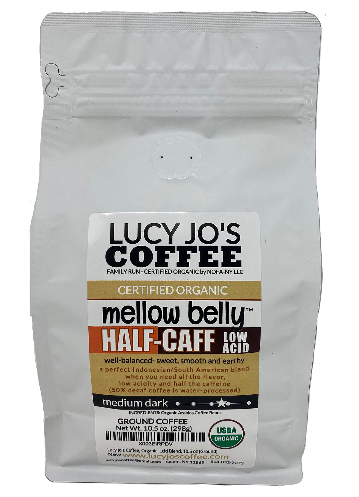 Lucy Jos Coffee, Organic Mellow Belly Half-Caff Low Acid Blend, Medium Dark, 10.5 Oz (Ground)