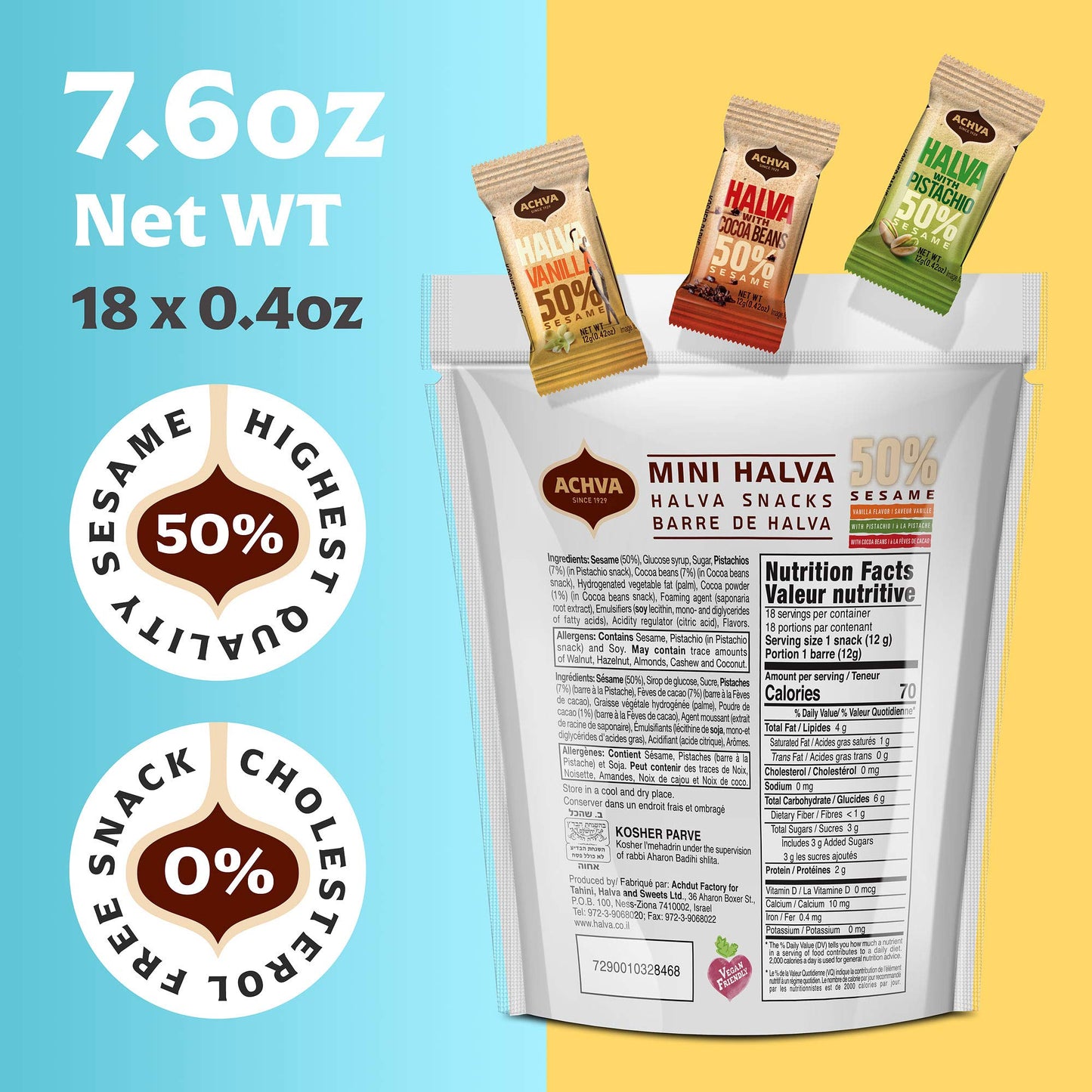 Halva Tahini Bar Mini Snacks - Assortment Of 18 Snack-Sized Halvah Pistachio, Vanilla, And Cocoa Bean Israeli Snacks - Vegan, Ko