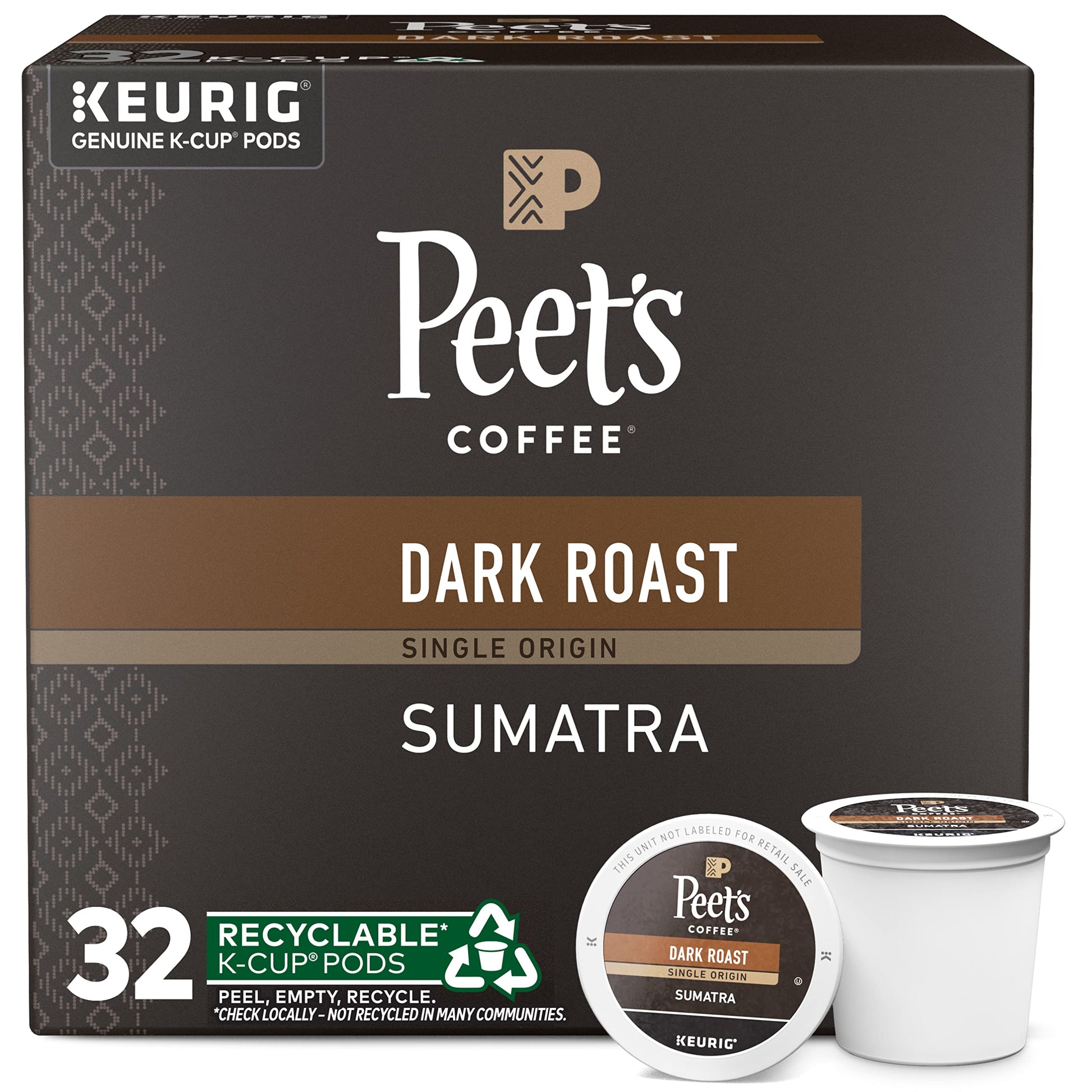 Peets Coffee Dark Roast Single Serve Pods, 32 Count, Sumatra, Model 512488