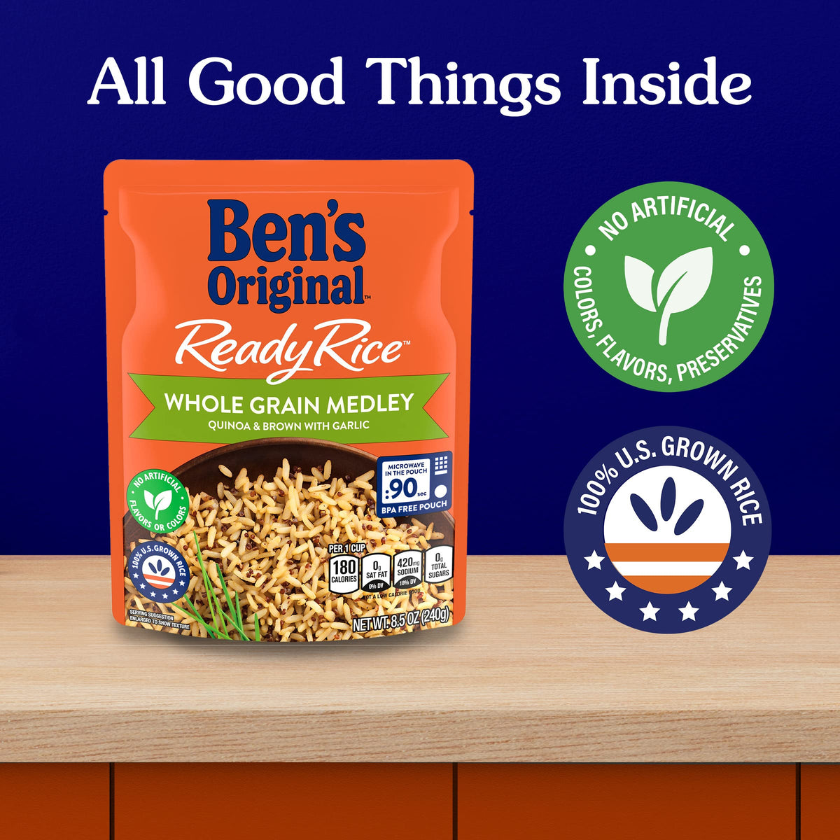 BENS ORIGINAL Ready Rice Whole Grain Medley Quinoa and Brown Flavored Rice, Easy Dinner Side, 8.5 oz Pouch (Pack of 12)