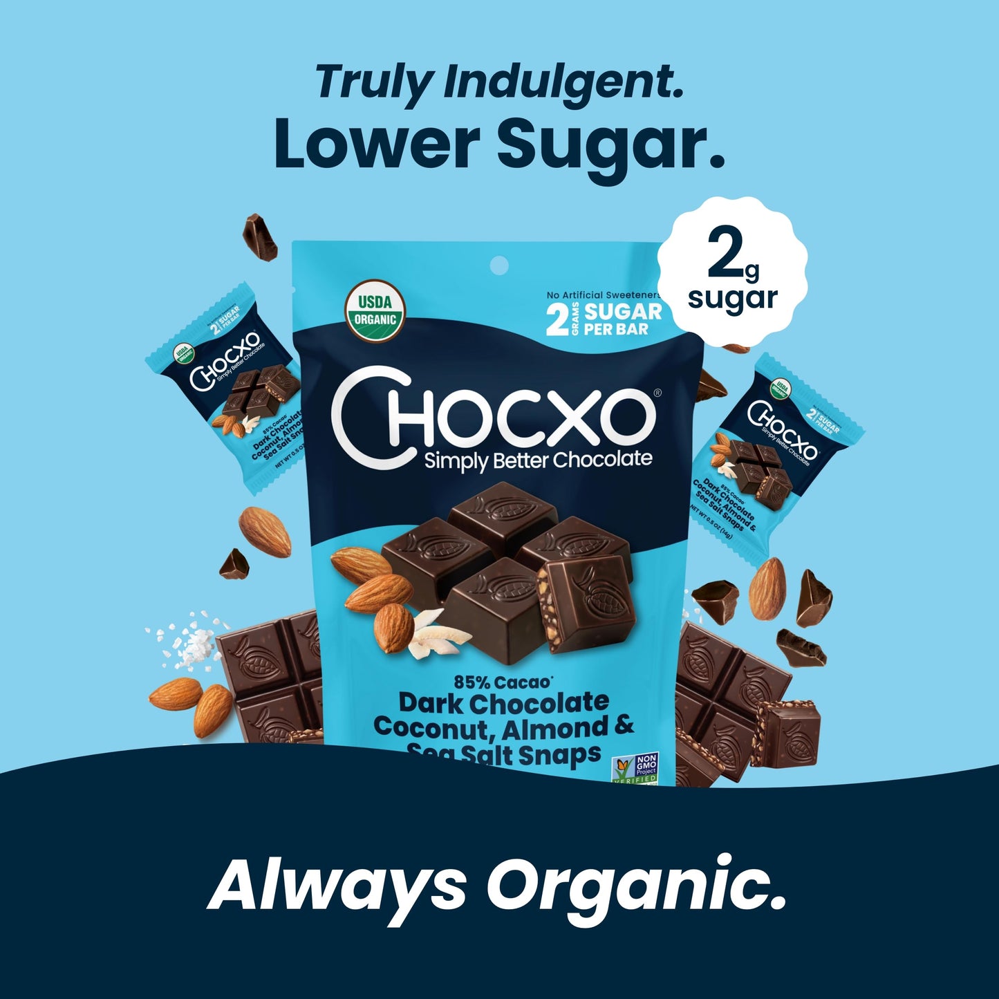 Chocxo Dark Chocolate Coconut Almond & Sea Salt Snaps - Low In Sugar, Organic 85% Cacao, Non-Gmo, Keto Certified, Gluten Free & Kosher. No Artificial Sweeteners Or Sugar  S, 3.45 Oz (Pack Of 6)