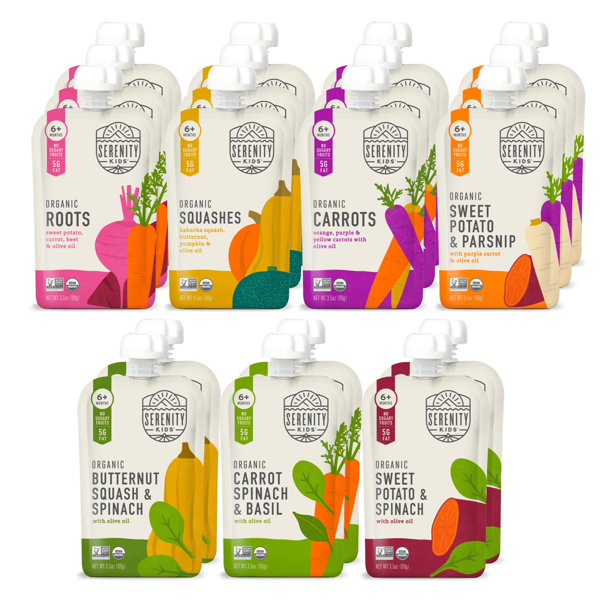 Serenity Kids 6+ Months Certified Organic Baby Food Pouches Veggie Puree Variety Pack 18 Count- No Sugary Fruits/Added Sugar - A