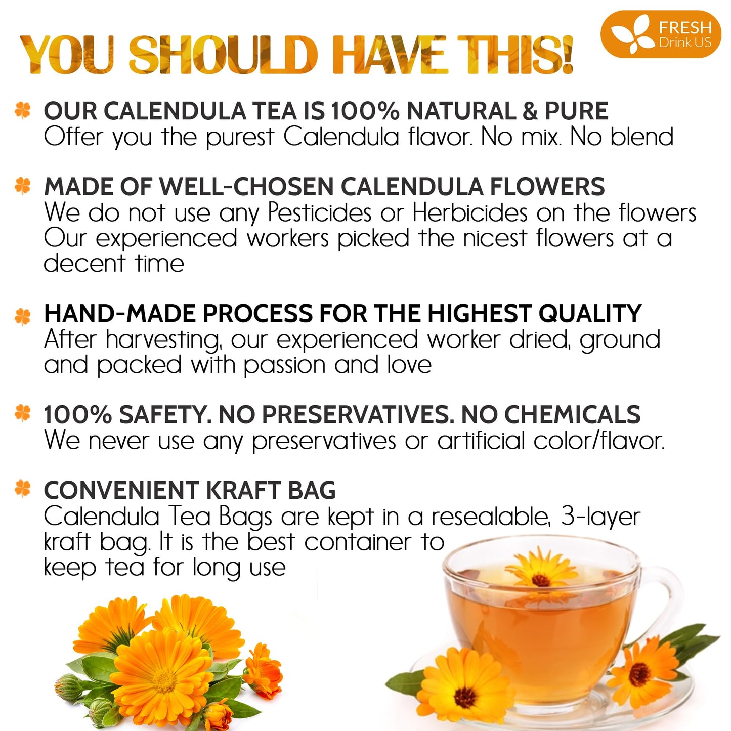 FRESHDRINKUS Premium Calendula Tea Bags - 100% Natural Herbal Tea, 135 Bags, Eco-conscious, Vegan, No Sugar, No Caffeine, No Gluten