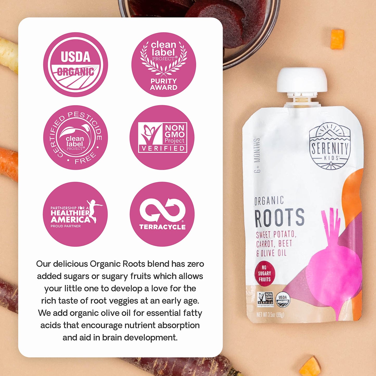 Serenity Kids 6+ Months Baby Food Pouches Usda Organic Veggie Puree - Bpa-Free - No Added Sugar Allergen-Free - Savory Sweet Potato & Carrot, Beet Baby Snacks - 3.5 Oz, 6 Pack