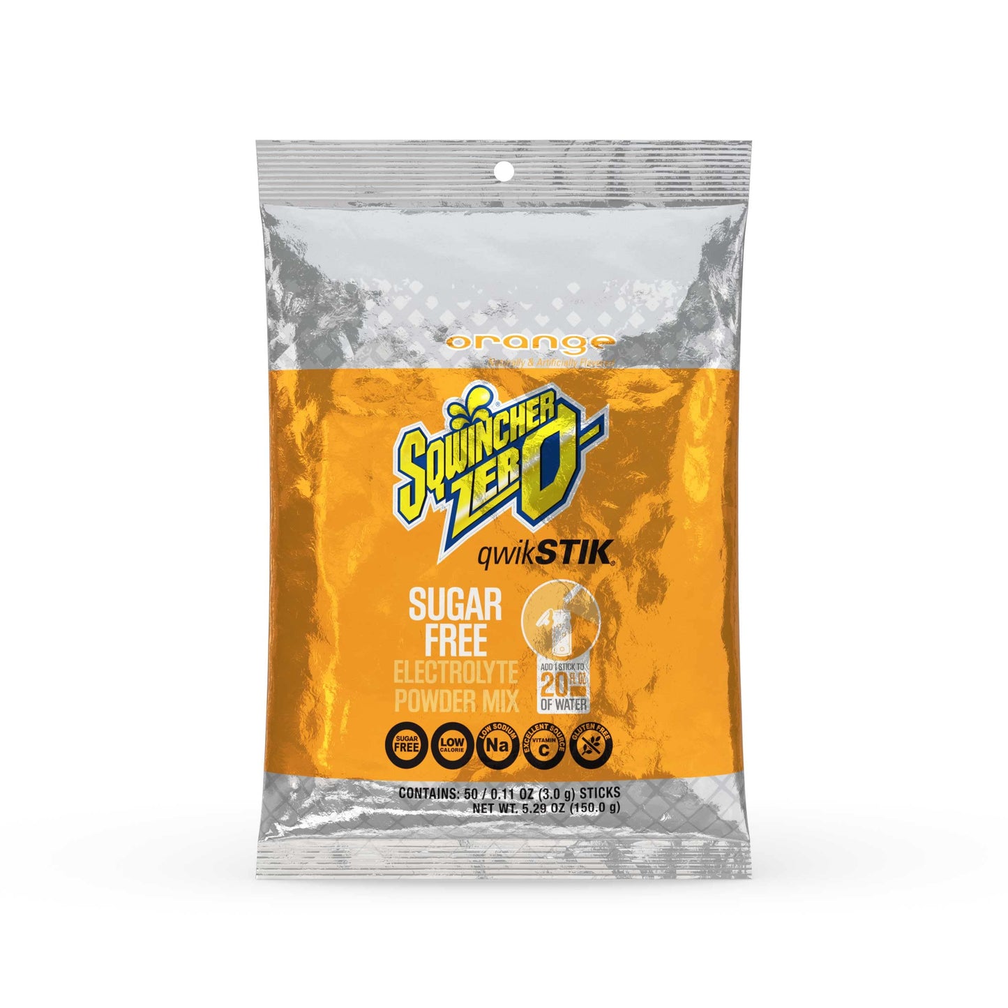 Sqwincher Zero Qwik Stik, Sugar Free, Low Calorie, Low Sodium Electrolyte Powder Hydration Drink Mix, Orange, .11 0Z Packet (Pack Of 50)