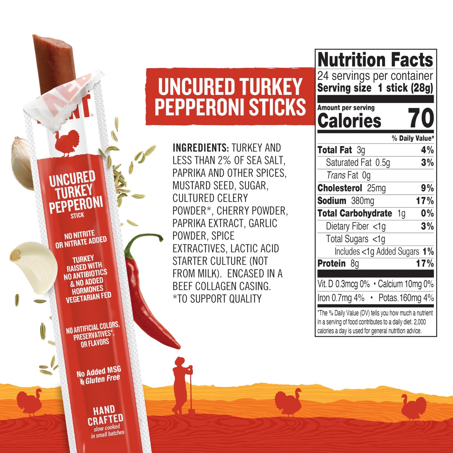 Vermont Smoke & Cure Snack Sticks - Uncured Pepperoni Turkey Jerky - 1oz Pack of 1