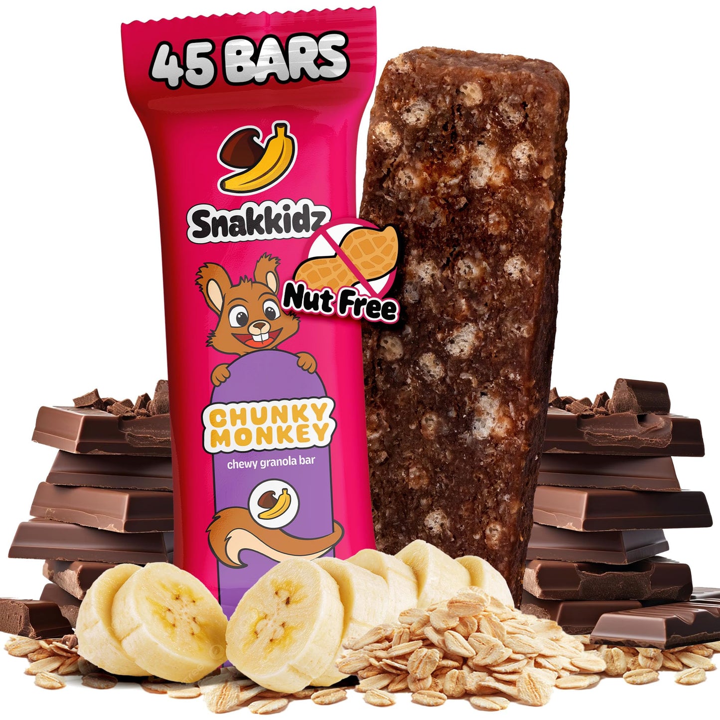 Snakkidz Organic Chewy Granola Bar, Allergen Free, Low Sugar, 45 Bars, Chunky Monkey, Brown