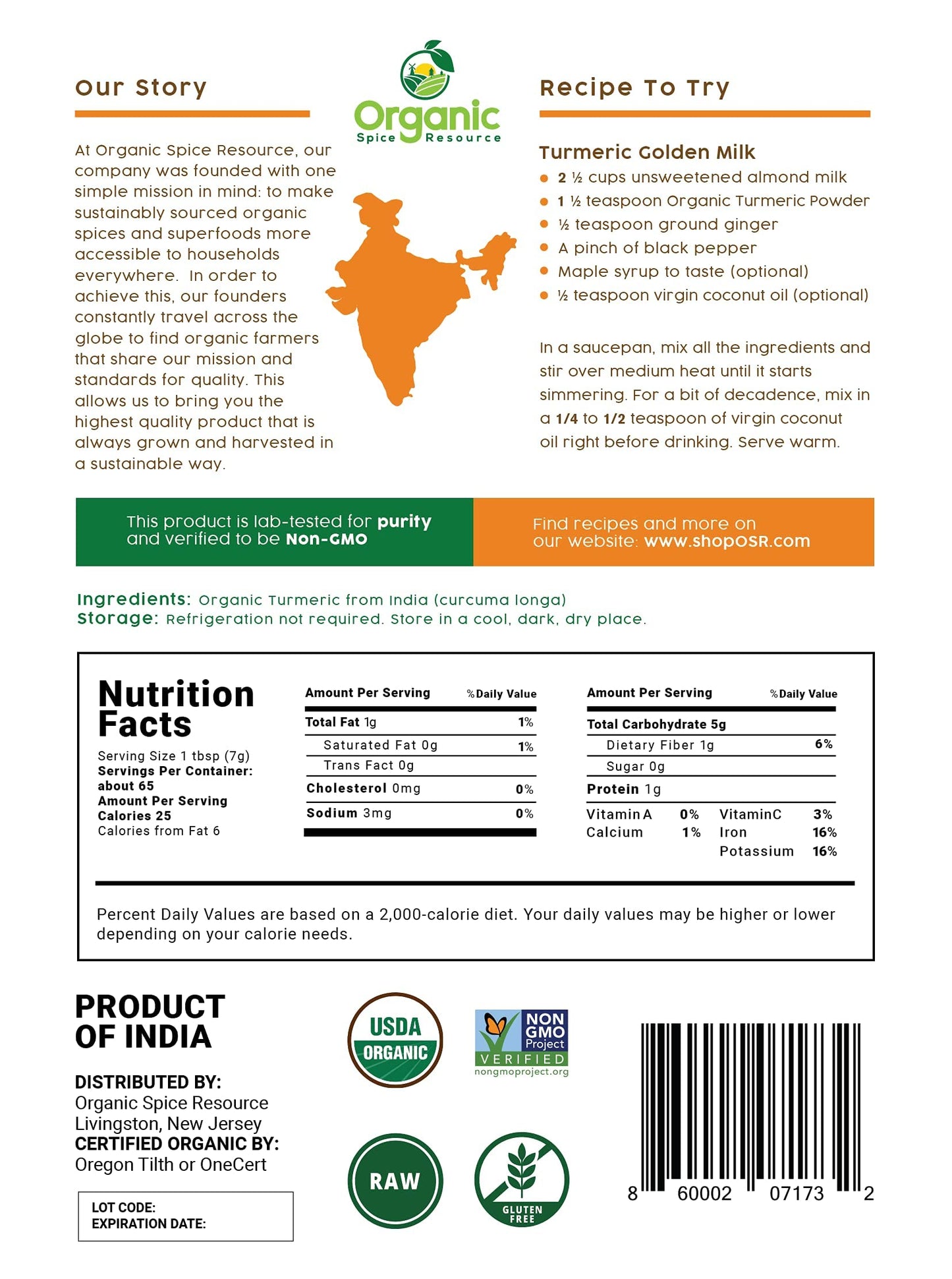 Organic Turmeric Powder W/Curcumin | 32 Ounce (Pack Of 2) | Usda Organics And Non-Gmo | 100% Raw And Natural By Osr