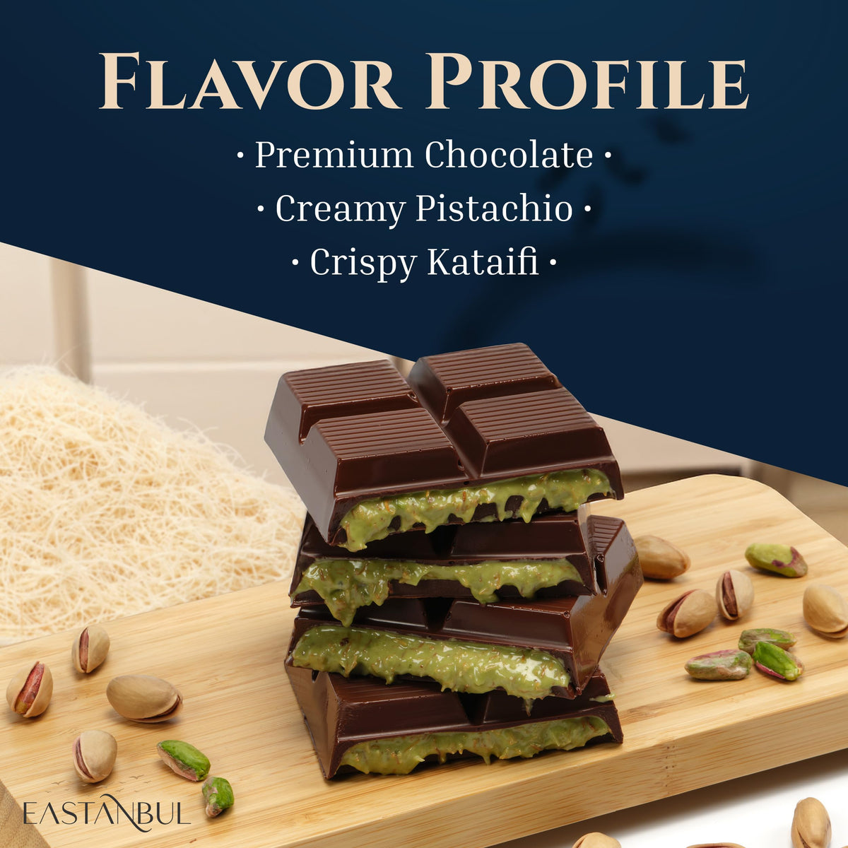 Eastanbul Dubai Dark Chocolate Bar Pistachio, 7Oz, Enhanced Belgium Chocolate, Pistachio Dubai Bar, Viral Candy With Shredded Phyllo Dough, Knafeh, Gift Box