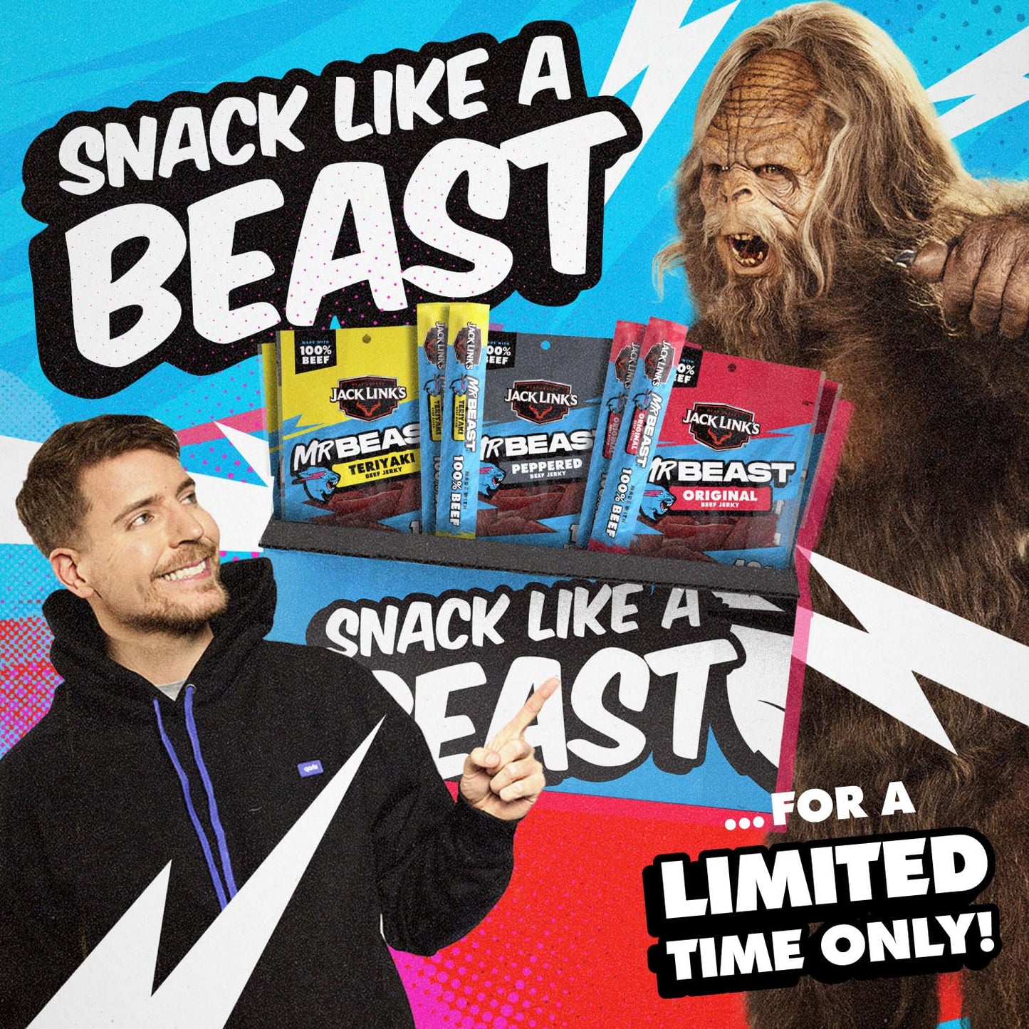 Jack Links x MrBeast Beast Beef Jerky Variety Box  1.25oz Jerky Bags  0.92oz Beast Sticks  Made with 100% Real Beef  Pantry-Ready  Kids Snacks