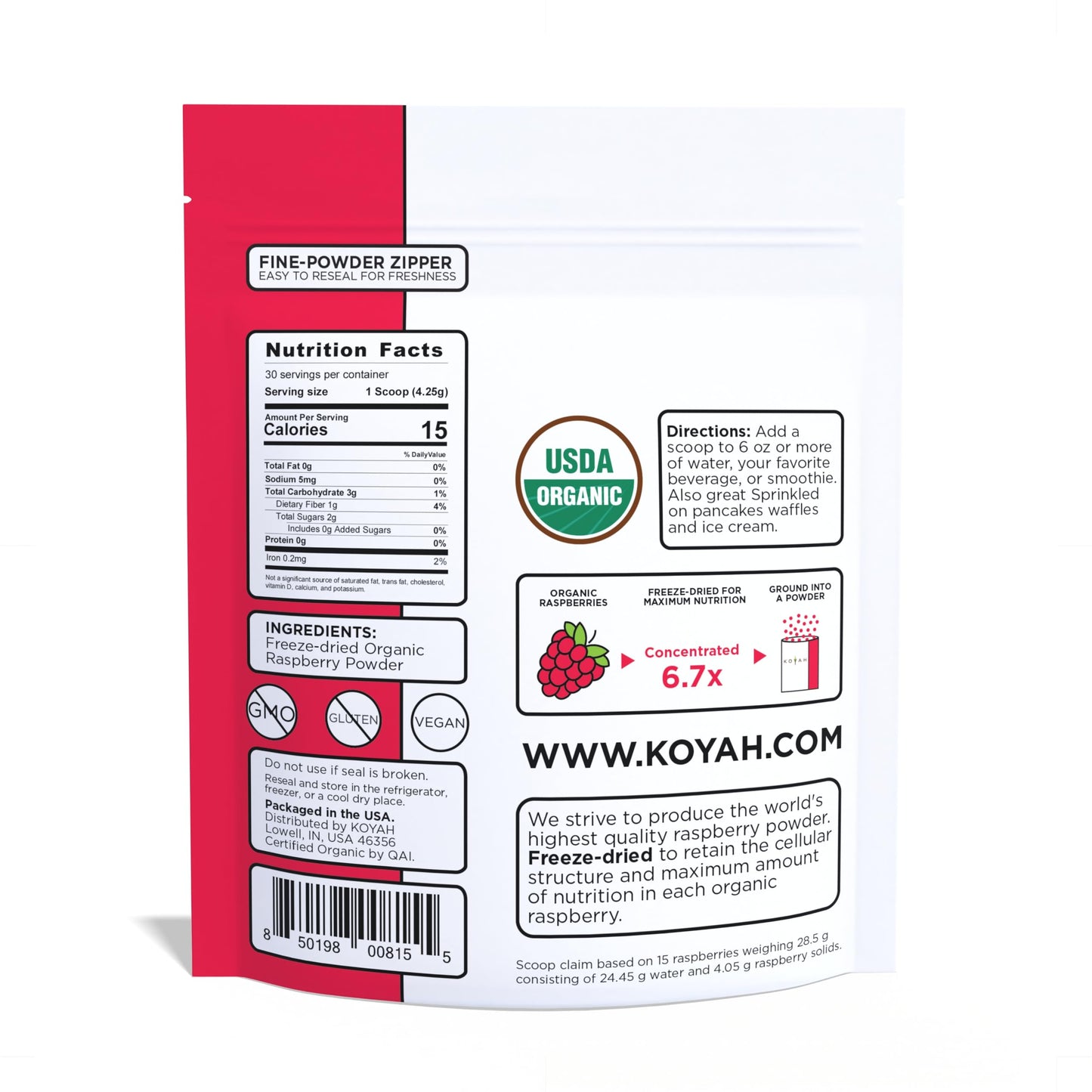 KOYAH - Organic Raspberry Powder 30 Servings (1 Scoop = 15 Raspberries), Freeze-Dried, Whole-Berry Powder, Equivalent to 450 Ras