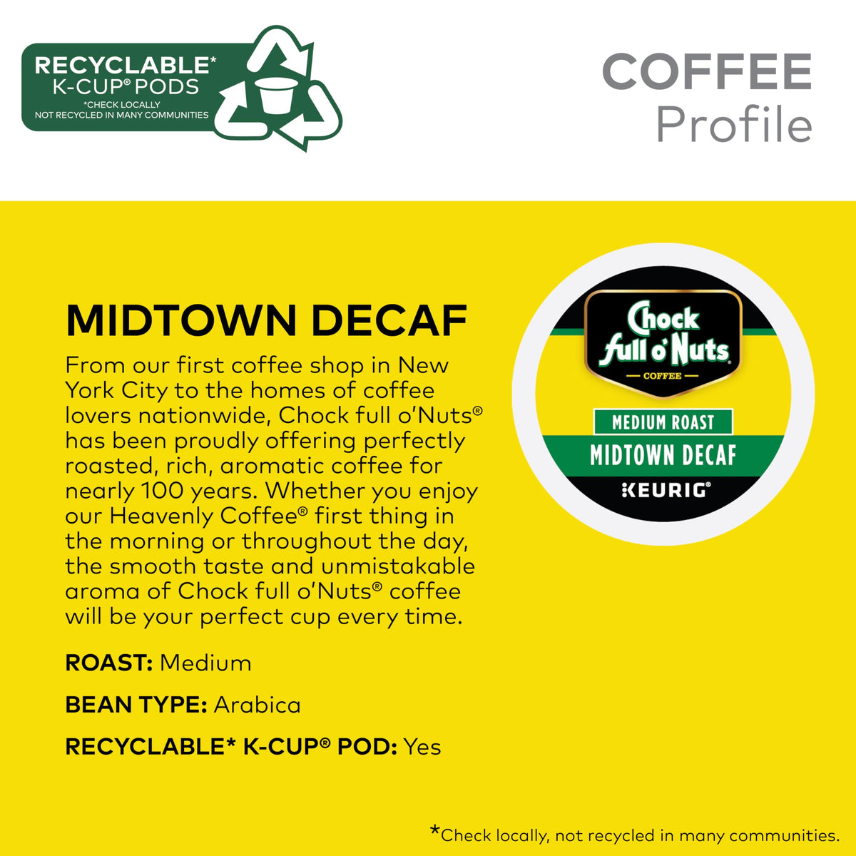Chock Full o Nuts Decaf Keurig K-Cup Pods, Medium Roast, 12 Count (Pack of 6)