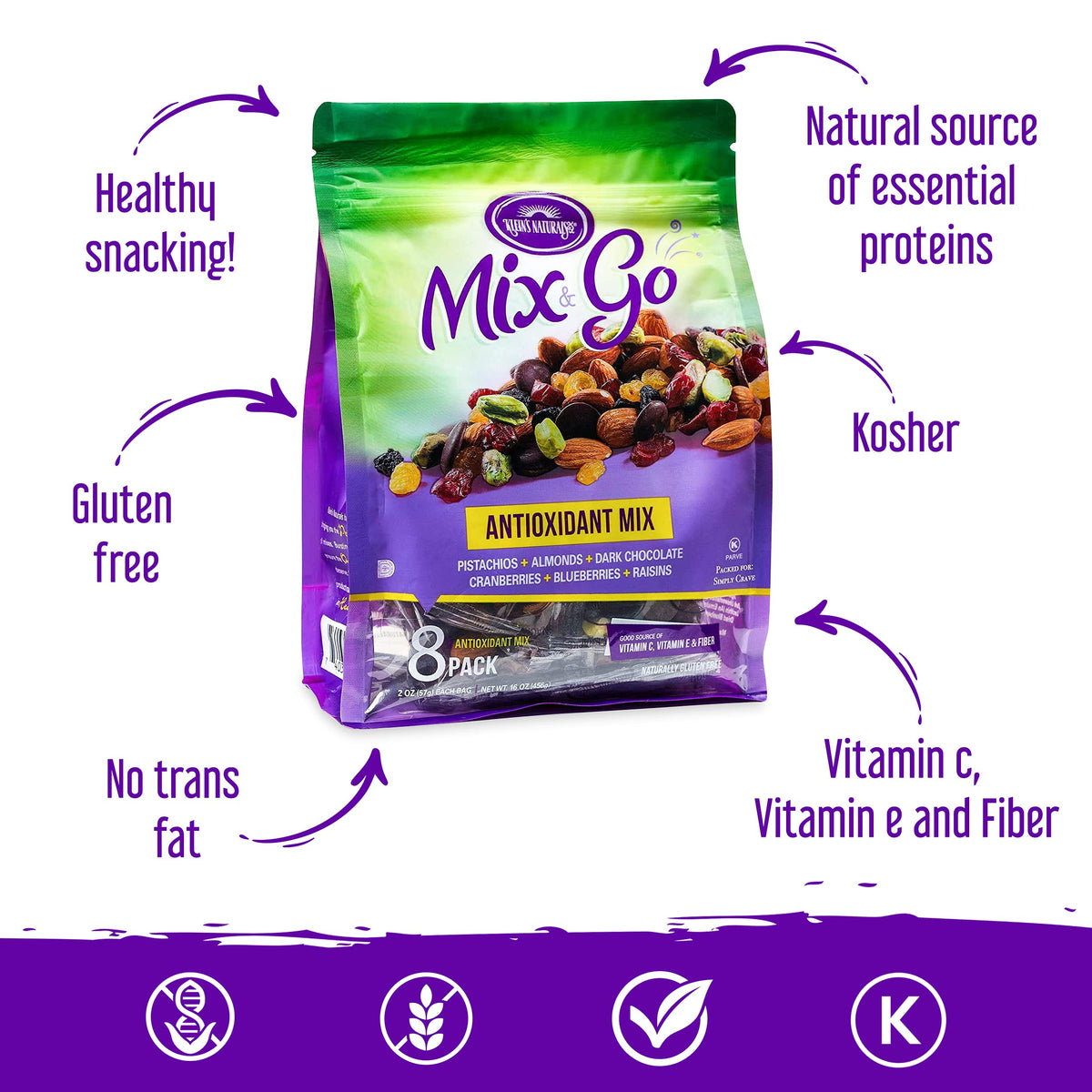 Mix And Go Single Serve Trail Mix Snack Packs, Healthy Snack Bag, Antioxidant Mix Fruit & Nut By Klein'S Naturals, Contains 16 P