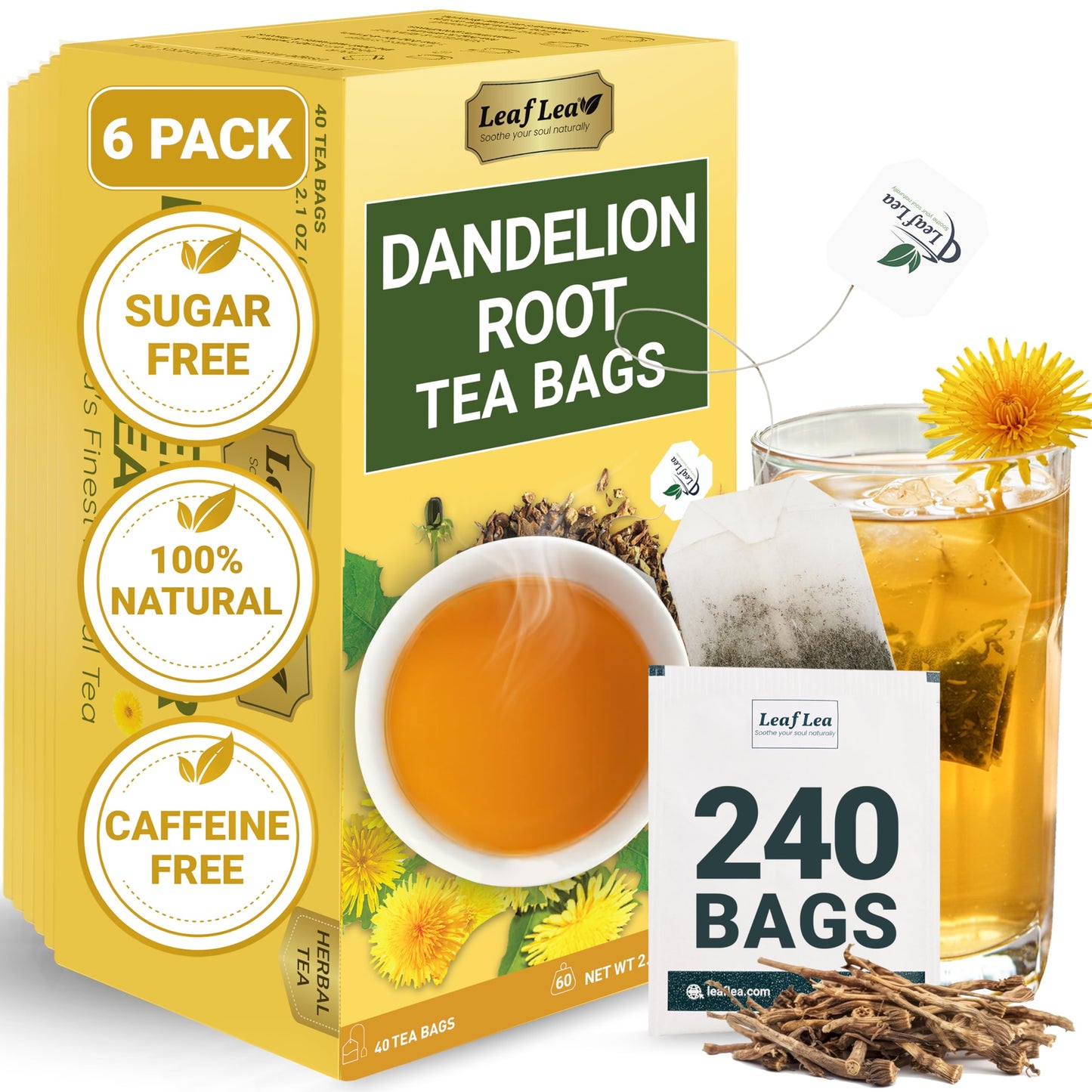 Leaflea Dandelion Root Tea Bags  240 Count  Natural Dandelion Herbal Tea Blend  Natural Dried Dandelion Root  Energy Blend-Free  Sugar-Free  Vegan  Sealed For Fresh Flavor  Pack Of 6