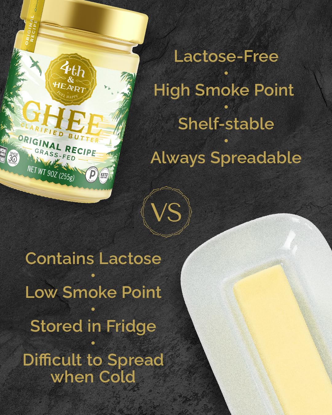 4th & Heart Ghee, Grass-Fed Clarified Butter, Keto, Non-GMO, Lactose & Casein Free, 9 oz, Model 01-00230