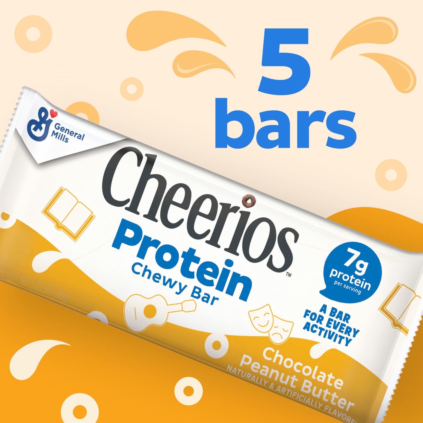 Cheerios Protein Chewy Bars, Chocolate Peanut Butter, 5 Ct, 6.35 oz, Brown Snack Bars