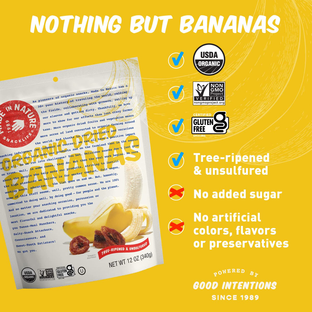 Made in Nature  Organic Dried chewy Banana Slices  Non-gMO Unsulfured Vegan Snack  12oz Bag (Pack of 1)