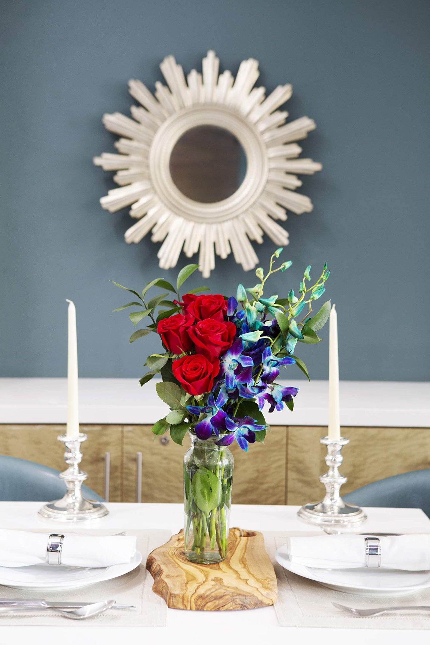 KaBloom Flowers - Mothers Day Collection - Sapphire Red Bouquet of Red Roses and Blue Orchids Without Vase. Gift for Birthday,