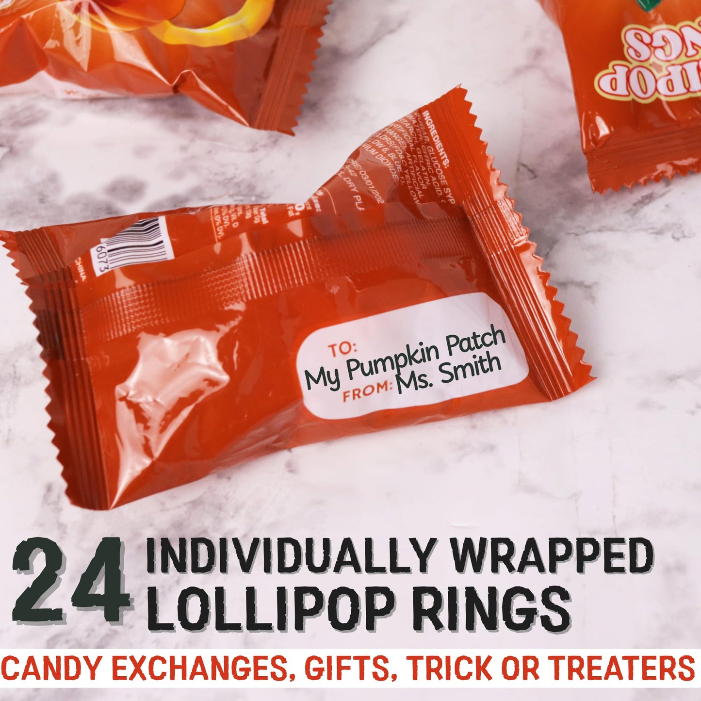 Sweetzo Pumpkin Lollipop Rings - Orange-Flavored Halloween Candy, 24 Count, Individually Wrapped for Parties and Goodie Bags