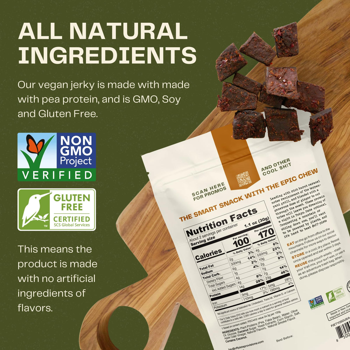 Off-Piste Teriyaki Plant-Based Jerky, 1.8Oz. - High Protein Healthy Snacks Vegan Jerky For Recovery, School, Office, 23G Protein
