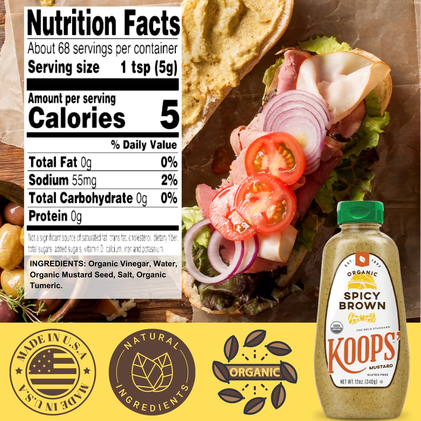 KOOPS Organic Spicy Brown Mustard, Gluten-Free, USDA Certified Organic, 12 Oz, Pack of 2