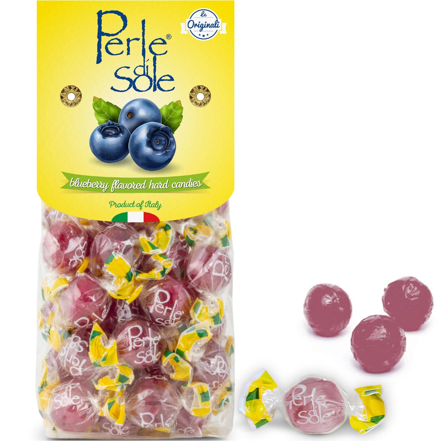 Perle di Sole Italian Candy - Blueberry Hard Candy with a Tart Fizzy Filling - Italian Candy Individually Wrapped (7.05 oz | 200