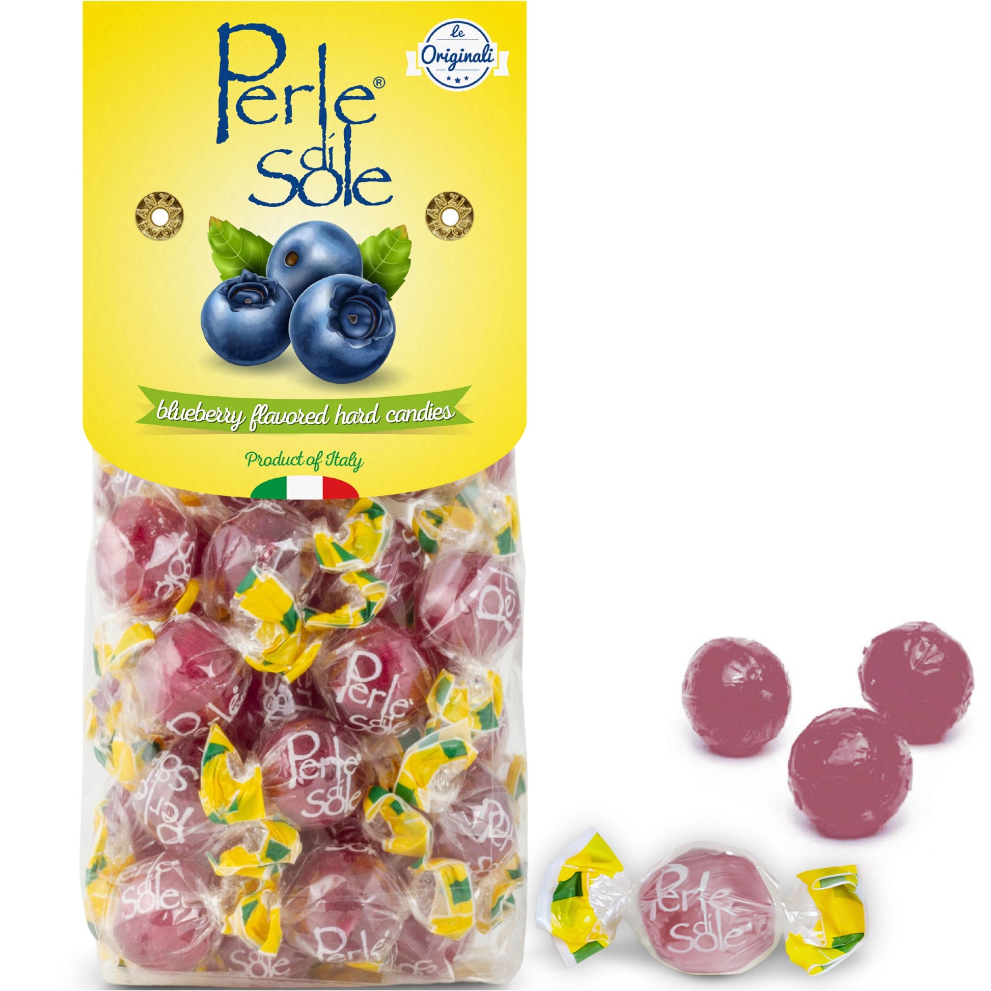 Perle di Sole Italian Candy - Blueberry Hard Candy with a Tart Fizzy Filling - Italian Candy Individually Wrapped (7.05 oz | 200