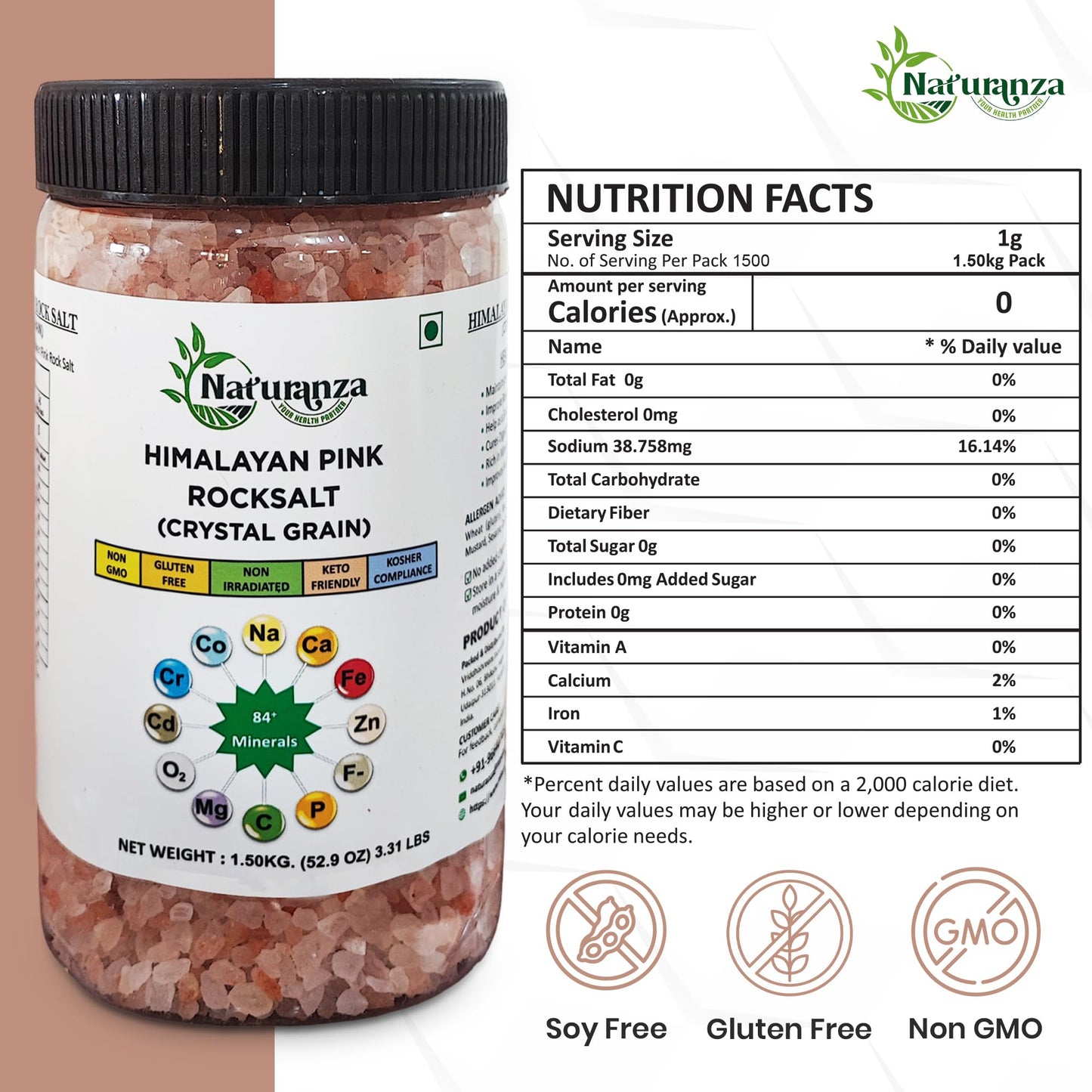 Naturanza Himalayan Pink Rock Salt Crystal Grain, 52.9 OZ, 100% Pure, Mineral-Rich, Non-GMO, Gluten-Free, Kosher
